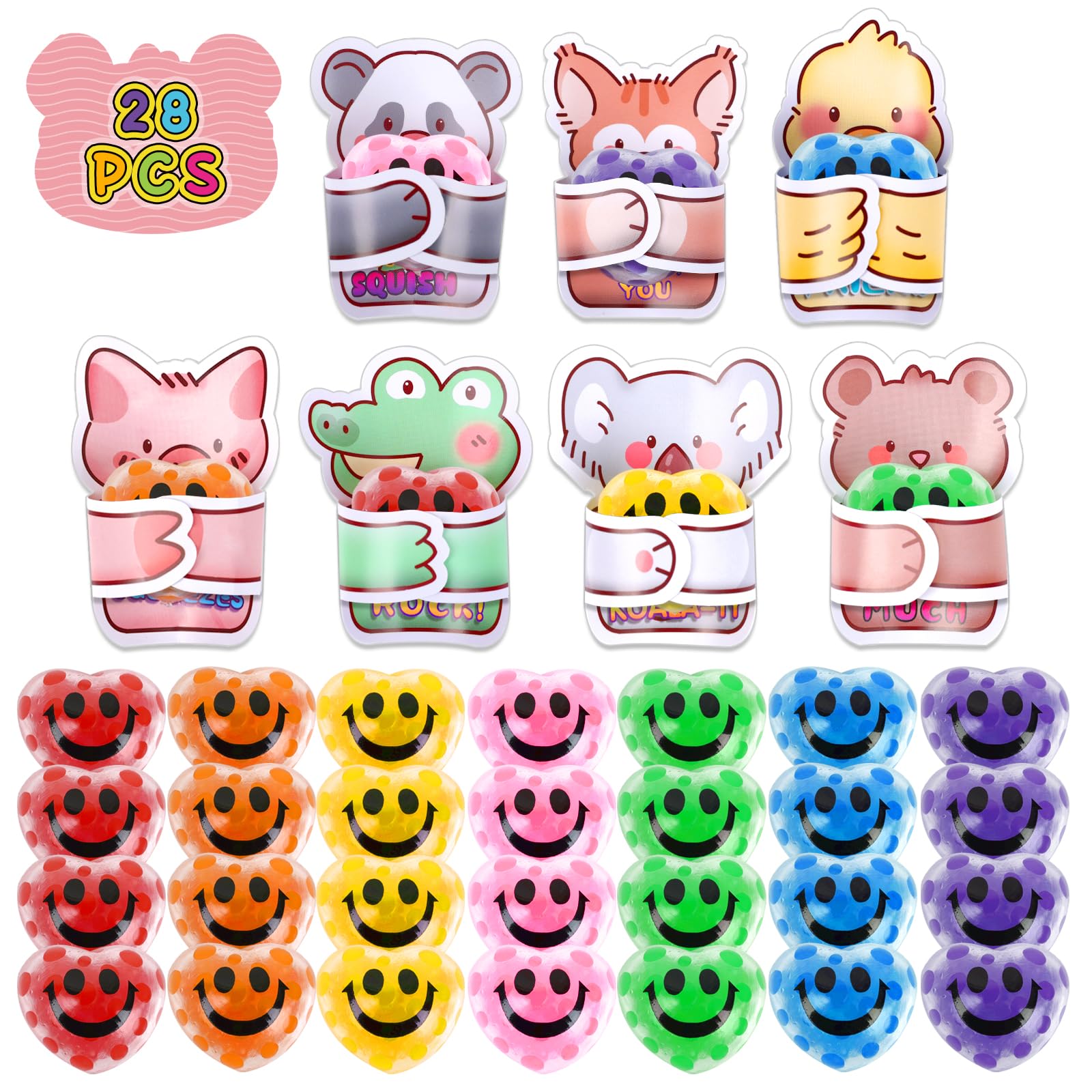 Valentine's Day Gifts for Kids - 28 Pack Heart Squeeze Stress Balls with Valentine Cards, Bulk Sensory Toys for Classroom Party Favors, School Gift Exchange - Perfect for Valentine's Day Celebrations, Stress Relief & Sensory Play