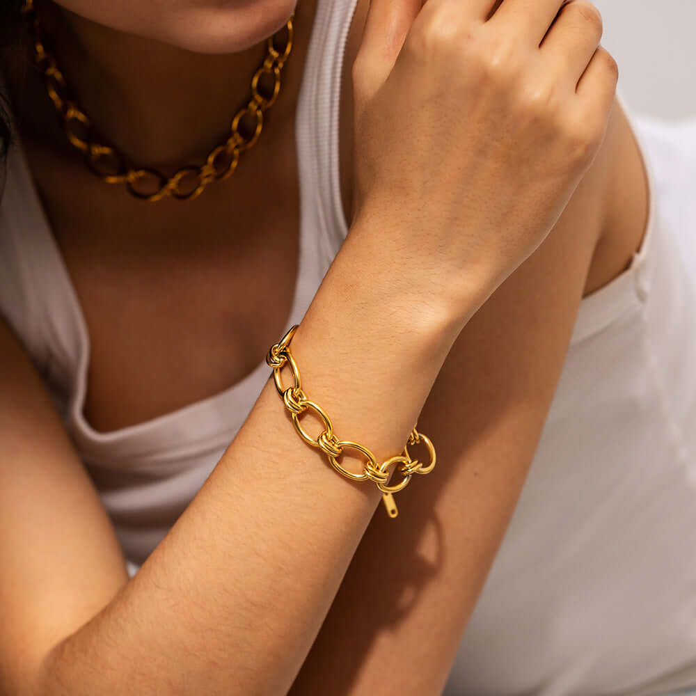18K Gold Plated Stainless Steel Chunky Chain Bracelet and Necklace Set - Trendy Layered Jewelry for Women | Perfect for Everyday Wear, Parties & Gifts | JDB434