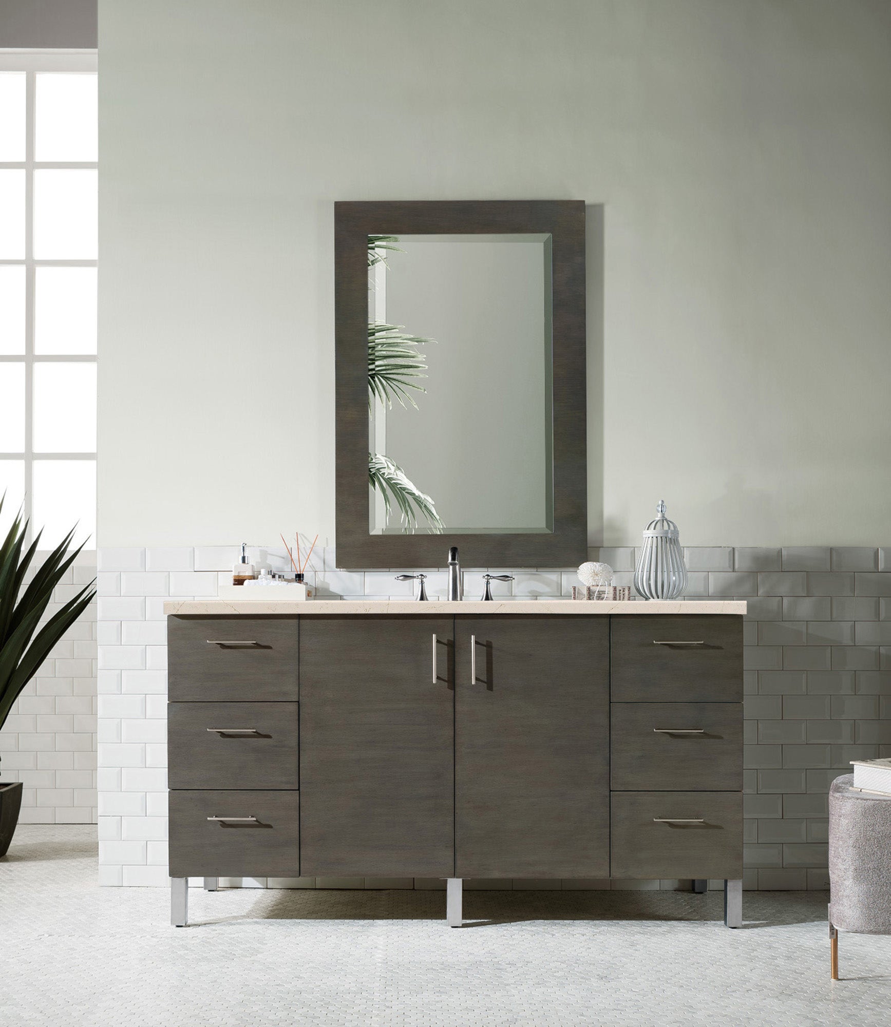 Metropolitan 60 Inch Single Bathroom Vanity Set with Eternal Marfil Quartz Countertop in Silver Oak - Perfect for Modern Master Bath & Powder Room Renovations