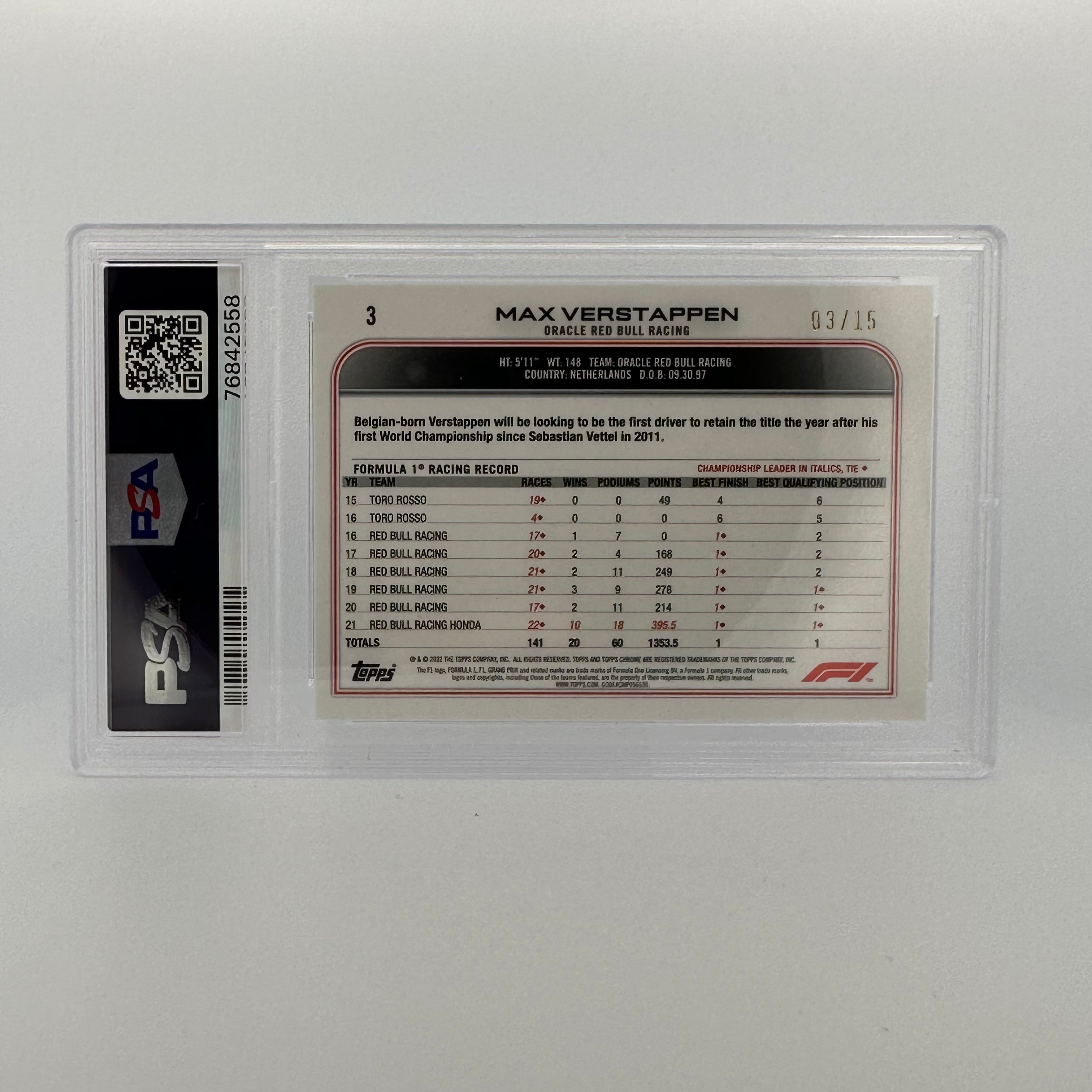 PSA 9 Graded Max Verstappen #3 2021 Sapphire Edition Black & White F1 Racing Card - Perfect for Collectors, Sports Memorabilia Displays & Formula 1 Fans