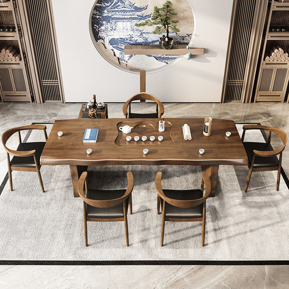Premium Chinese Gongfu Tea Table Set with Genuine Leather Chairs - Traditional Tea Ceremony Furniture for Home & Zen Meditation Space