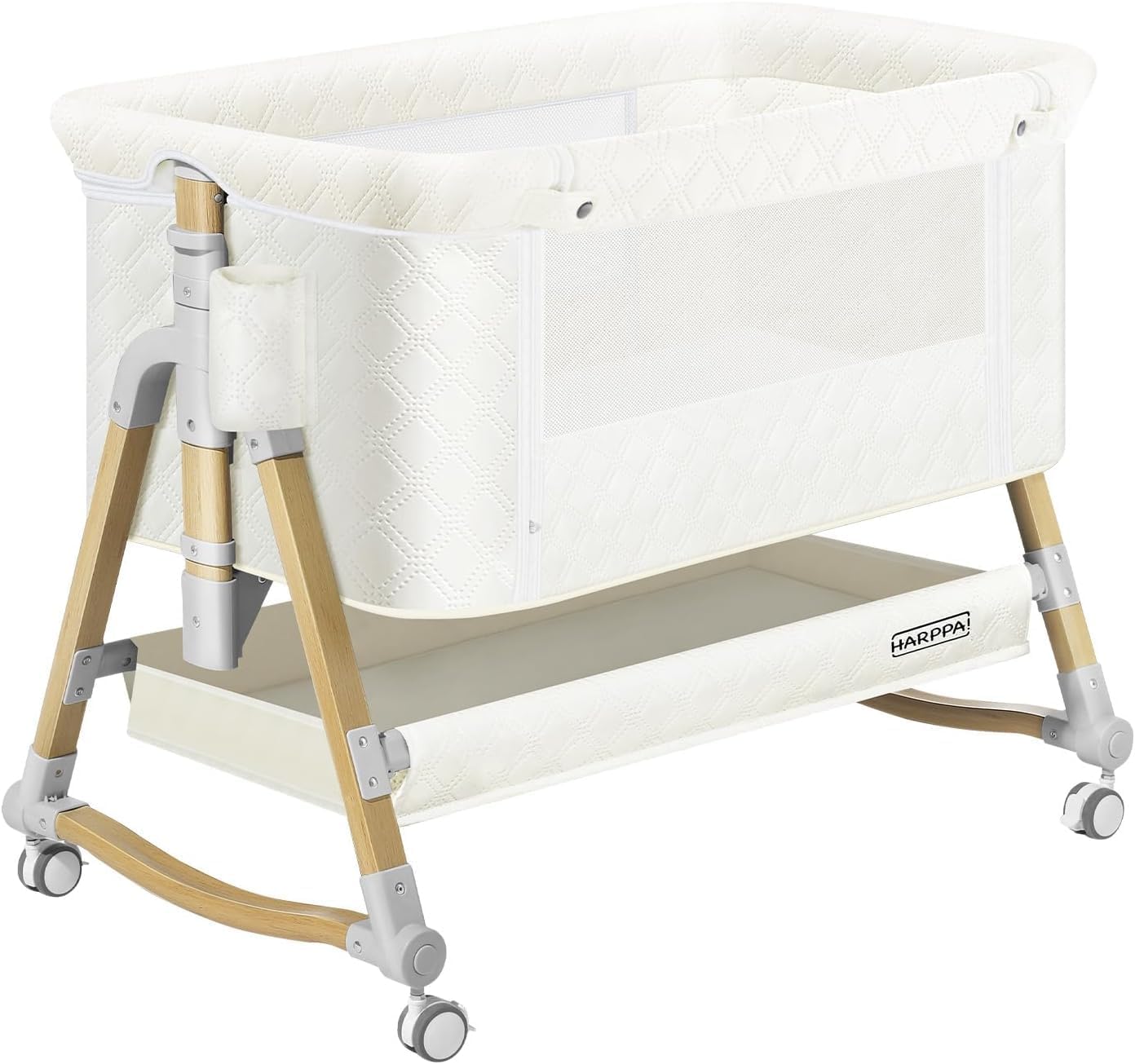 3-in-1 Adjustable Baby Bassinet with Mosquito Net & Storage - Portable Bedside Crib for Newborns, 5 Position Height Adjustment & Anchor Strap (White) - Perfect for Nursery, Bedroom & Travel Use