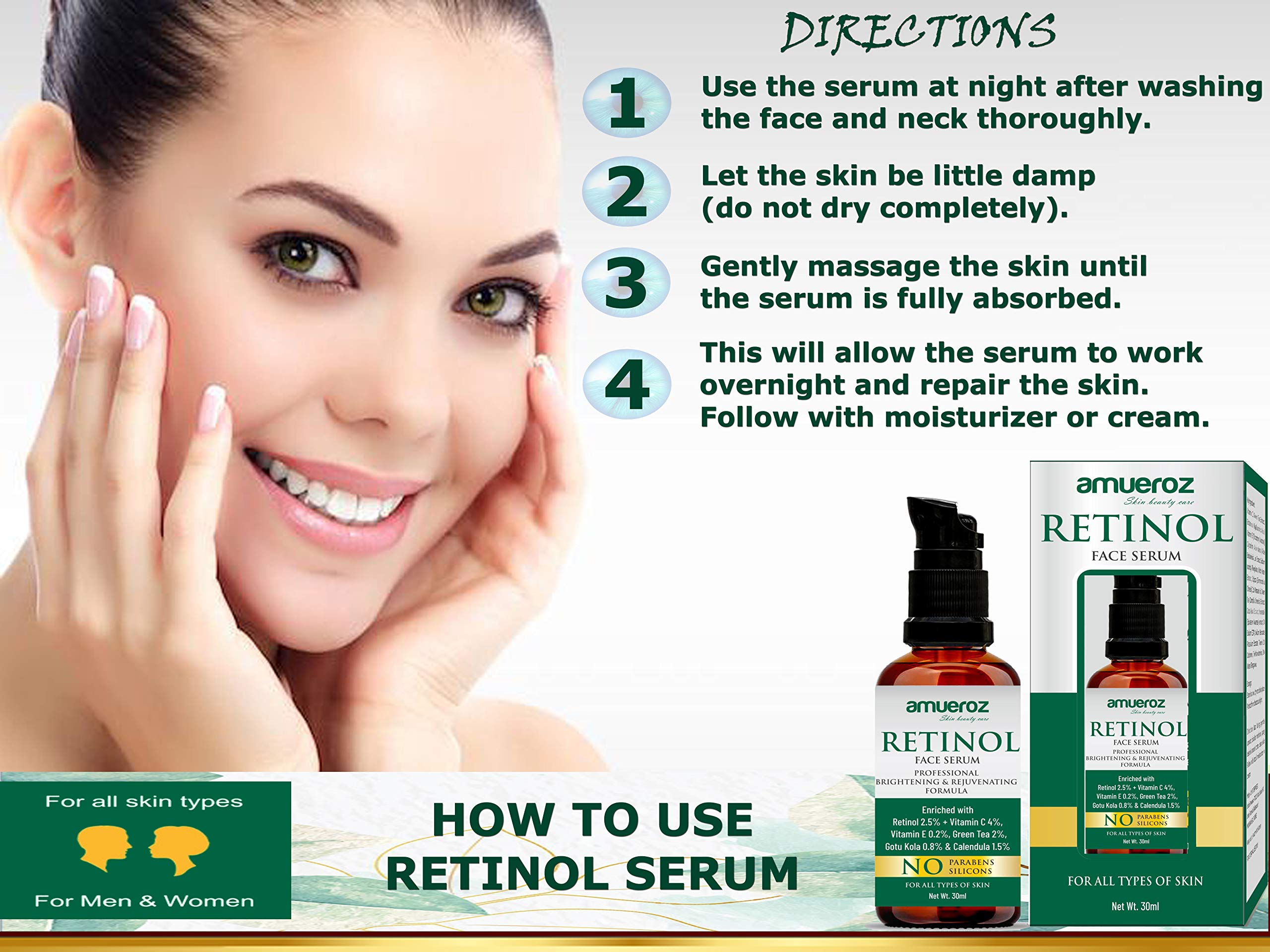 Amueroz Retinol Face Serum for Wrinkles - Vitamin C, Gotu Kola, Calendula, Vitamin E & Green Tea Extract - Anti-Aging, Acne Treatment & Brightening Facial Serum (30ml) - Perfect for Nighttime Skincare Routine & Daily Anti-Wrinkle Care