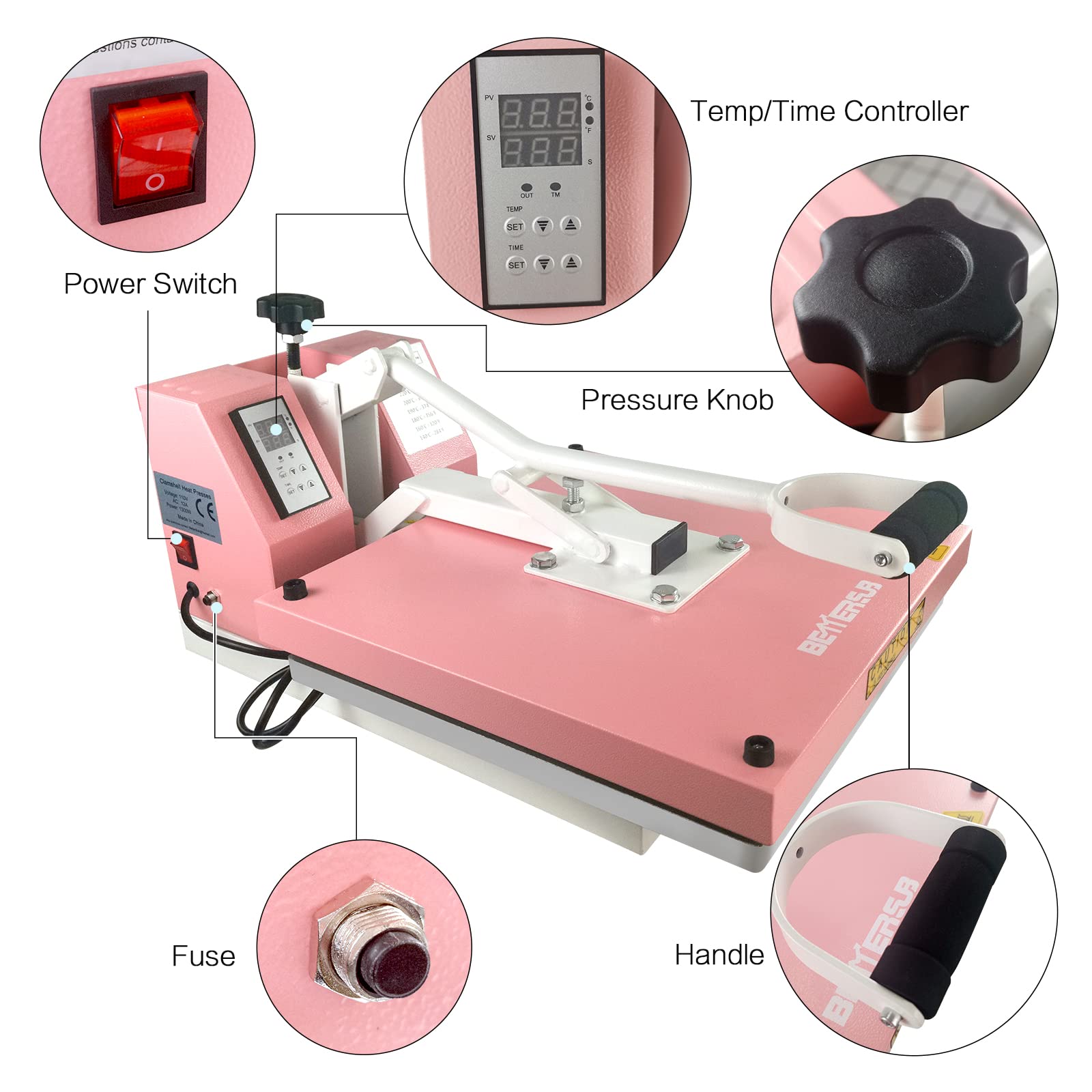 BetterSub 15x15 Inch Digital Heat Press Machine for T-Shirts - Industrial Quality Clamshell Sublimation Transfer Press (Pink) - Perfect for DIY Apparel, Custom T-Shirt Printing & Small Business Use