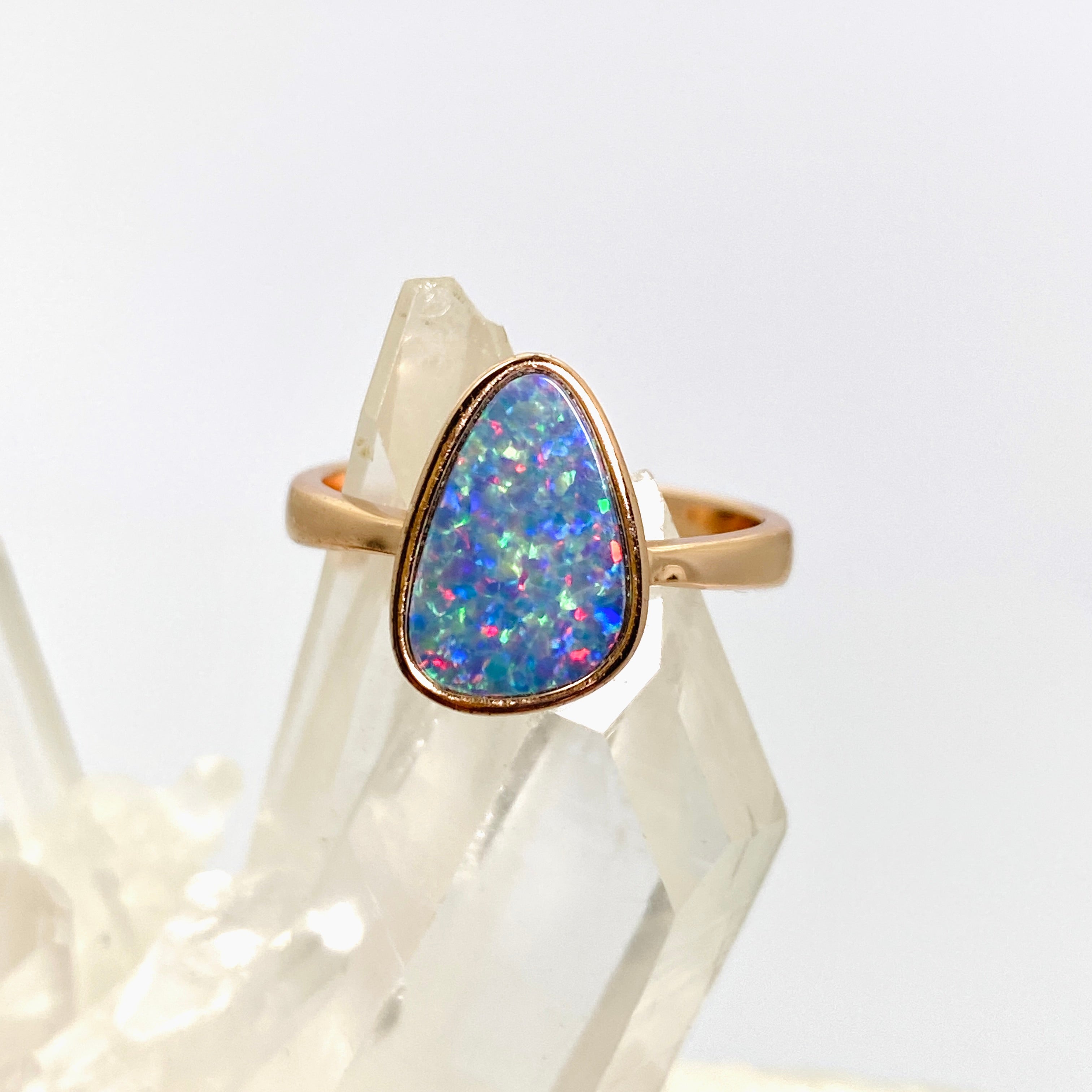 Opal Doublet Coober Pedy Freeform Cabochon Rose Gold Plated Ring Size 6.75 - Australian Opal Jewelry for Women, Elegant Gift for Birthday, Anniversary & Special Occasions