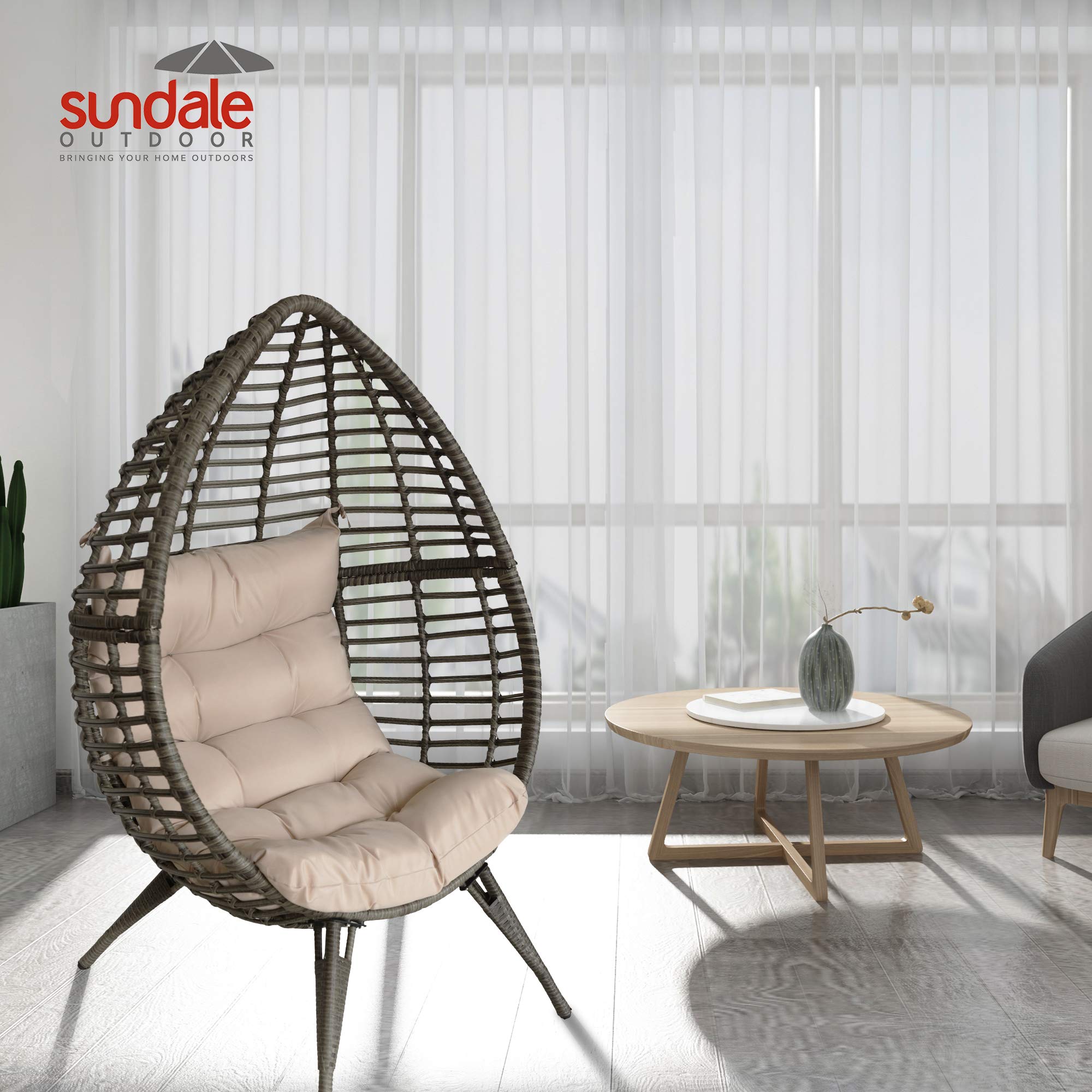 Sundale Outdoor Wicker Egg Chair with Cushion - Grey & Beige Rattan Hanging Chair for Bedroom, Patio, Garden | Indoor Teardrop Basket Chair for Relaxation & Reading Nook