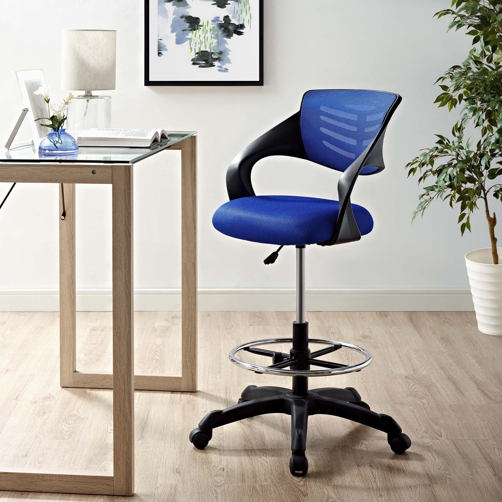 Modway Thrive Adjustable Drafting Chair - Ergonomic Tall Office Chair for Standing Desks, Blue - Perfect for Architects, Artists & Home Office Workspaces