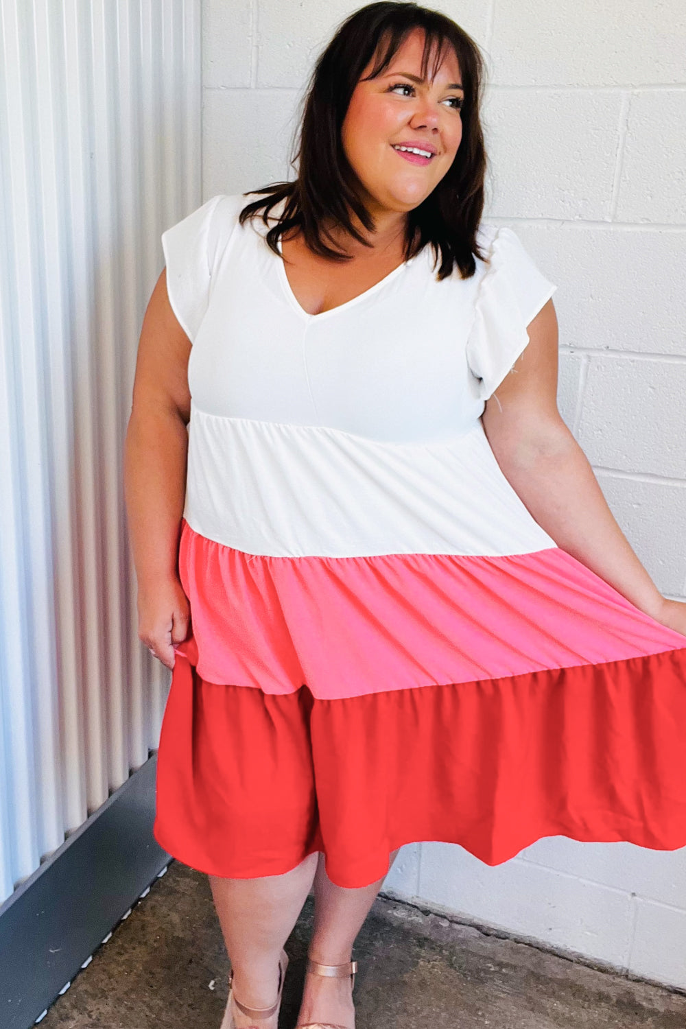 Peach & Cherry Red Tiered Frill Sleeve Midi Dress - Elegant Summer Party & Wedding Guest Outfit