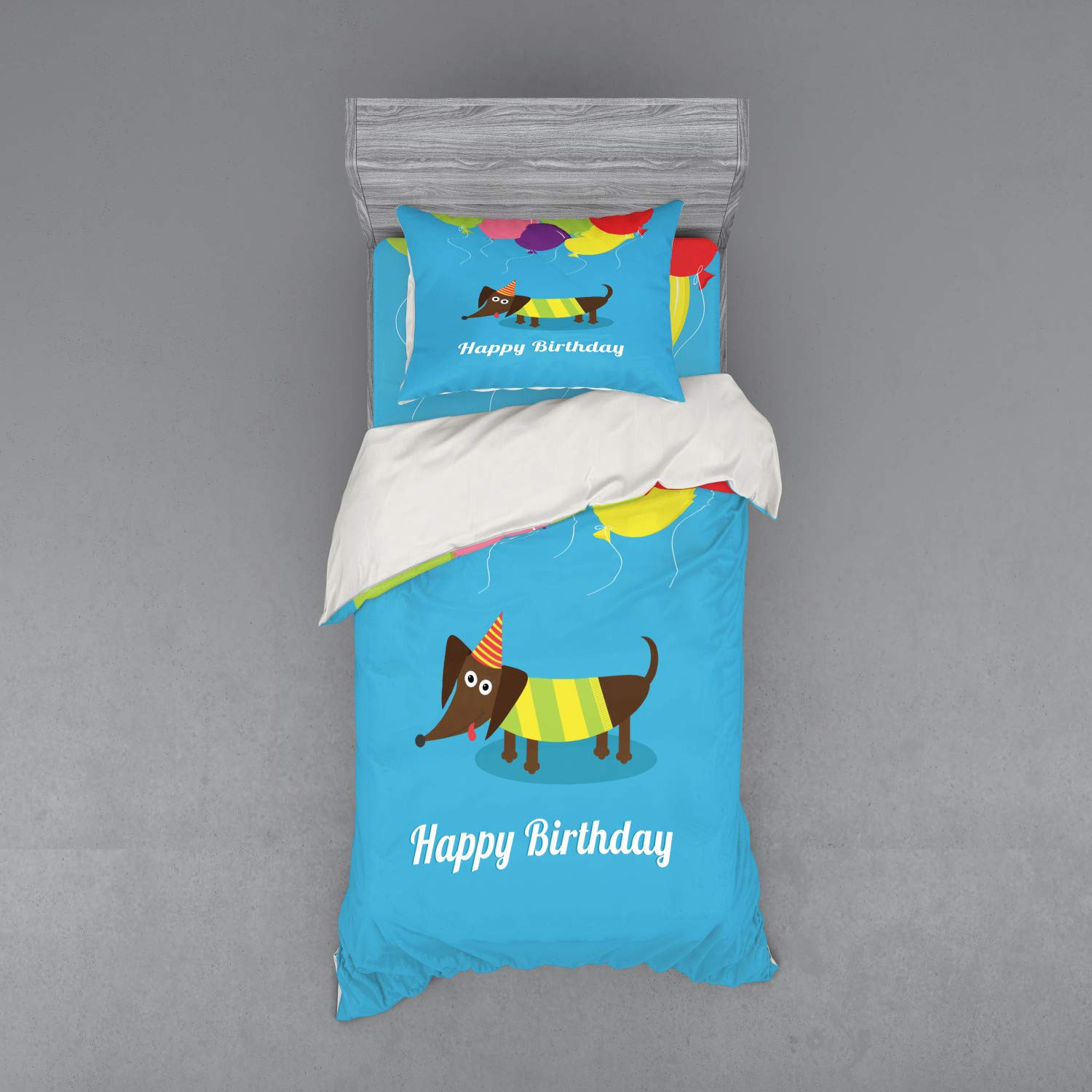 Ambesonne Dachshund Dog Bedding Set - 3 Piece Duvet Cover with Sham & Fitted Sheet, Twin XL Size, Multicolor Happy Birthday Balloon Dog Breed Illustration - Perfect for Kids Rooms, Pet Lover Gifts & Birthday Party Decorations