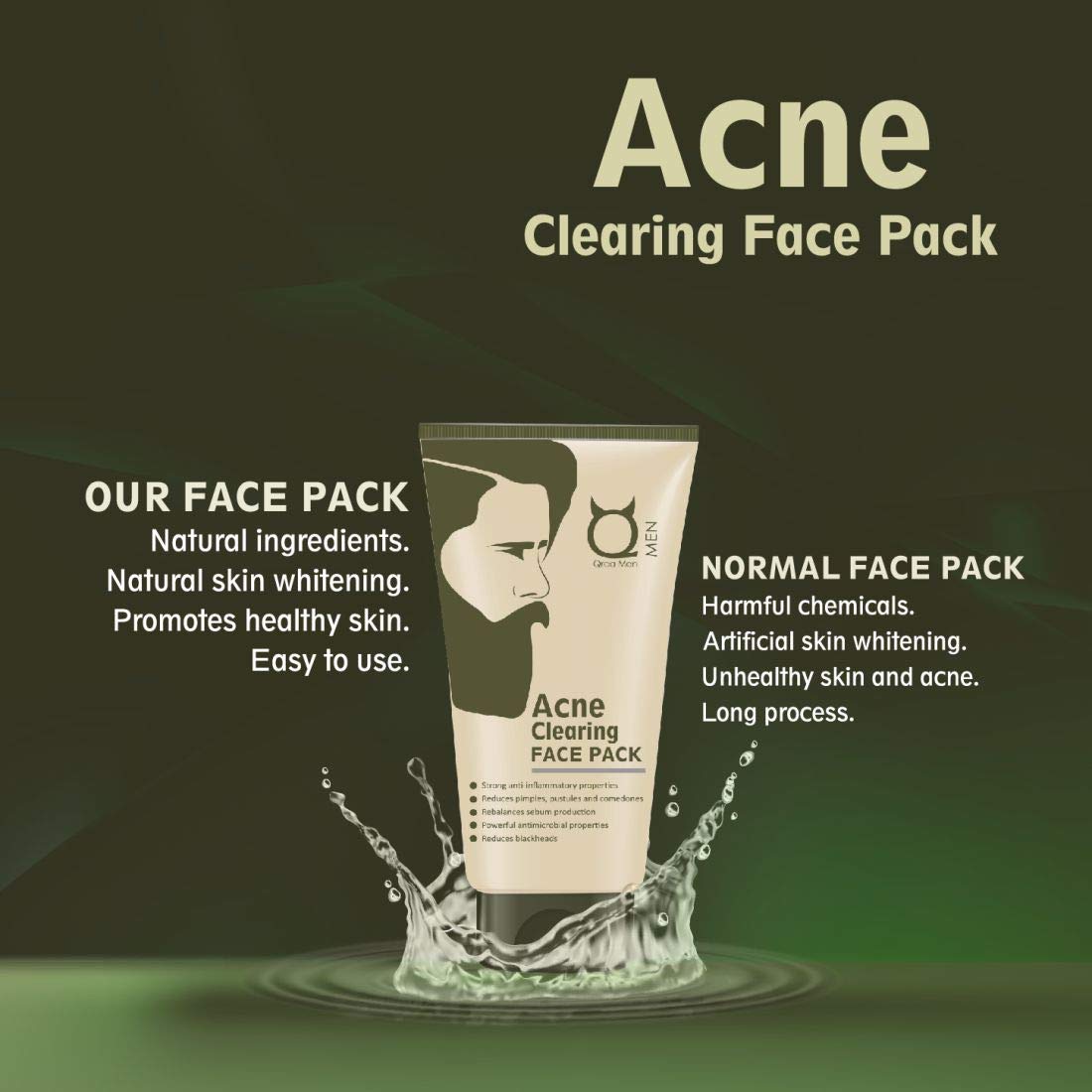 Qraa Men Acne Clearing Face Pack with Turmeric & Tea Tree Oil - 100g | Prevents & Treats Pimples, Reduces Breakouts | Perfect for Daily Skincare & Post-Shave Routine