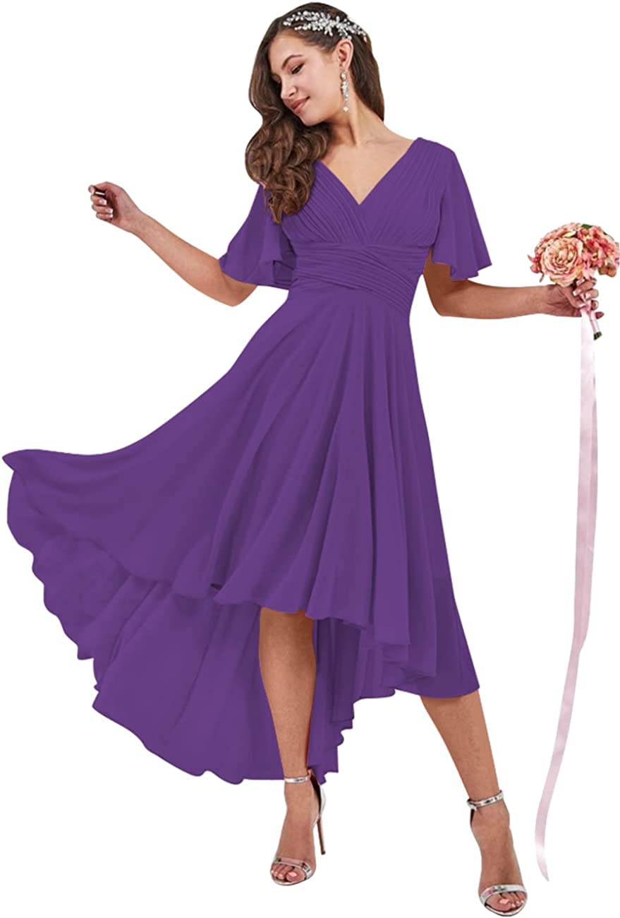 DDIFLYCR Women's V-Neck Chiffon Bridesmaid Dress with Flutter Sleeves - Elegant High-Low Prom Party Gown for Wedding Guest, Evening Events & Special Occasions