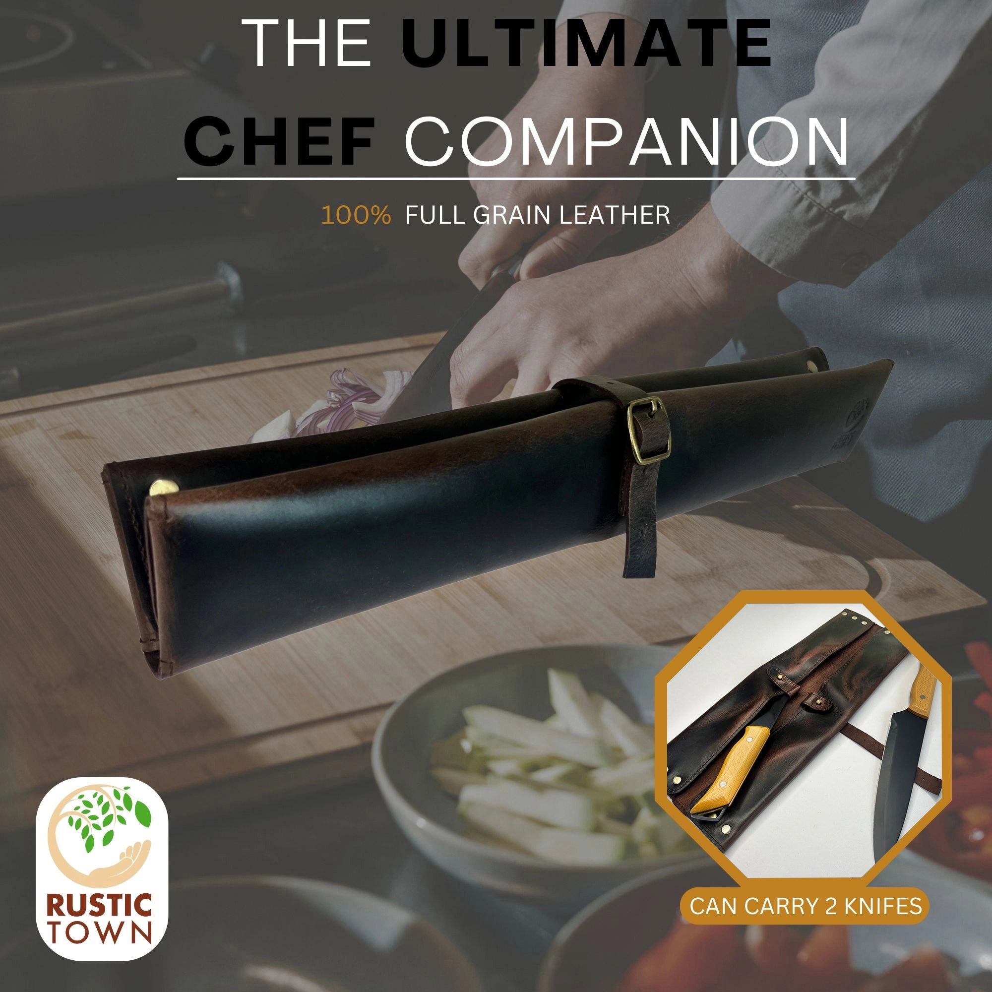 Premium Leather Chef's Knife Case Holder with 2 Knife Slots - Dark Brown | Professional Kitchen Storage & Protection for Cooking Tools | Perfect for Home Chefs & Culinary Gifts