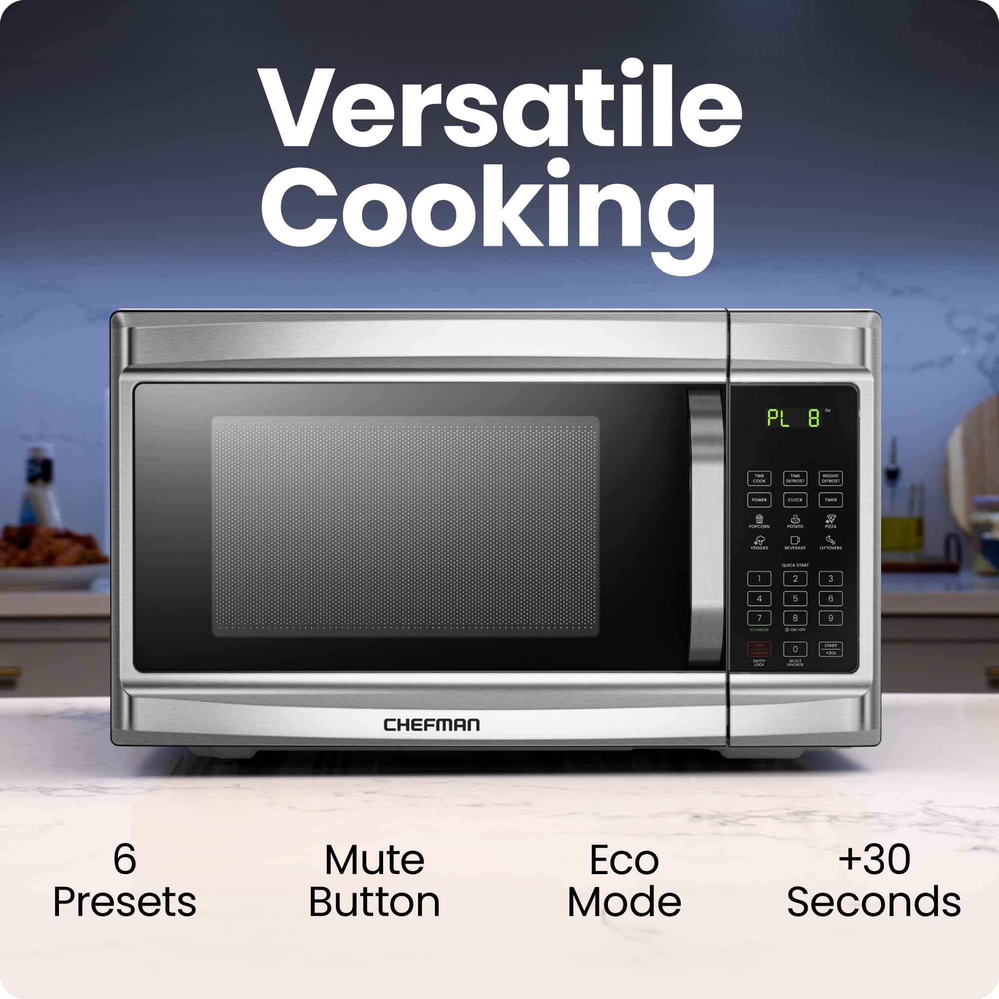 Chefman 1.3 Cu. Ft. Stainless Steel Countertop Microwave Oven - 1000W Digital Microwave with 6 Auto Menus, 10 Power Levels, Eco Mode, Child Lock & Easy Clean - Perfect for Small Kitchens, Dorms & Office Break Rooms