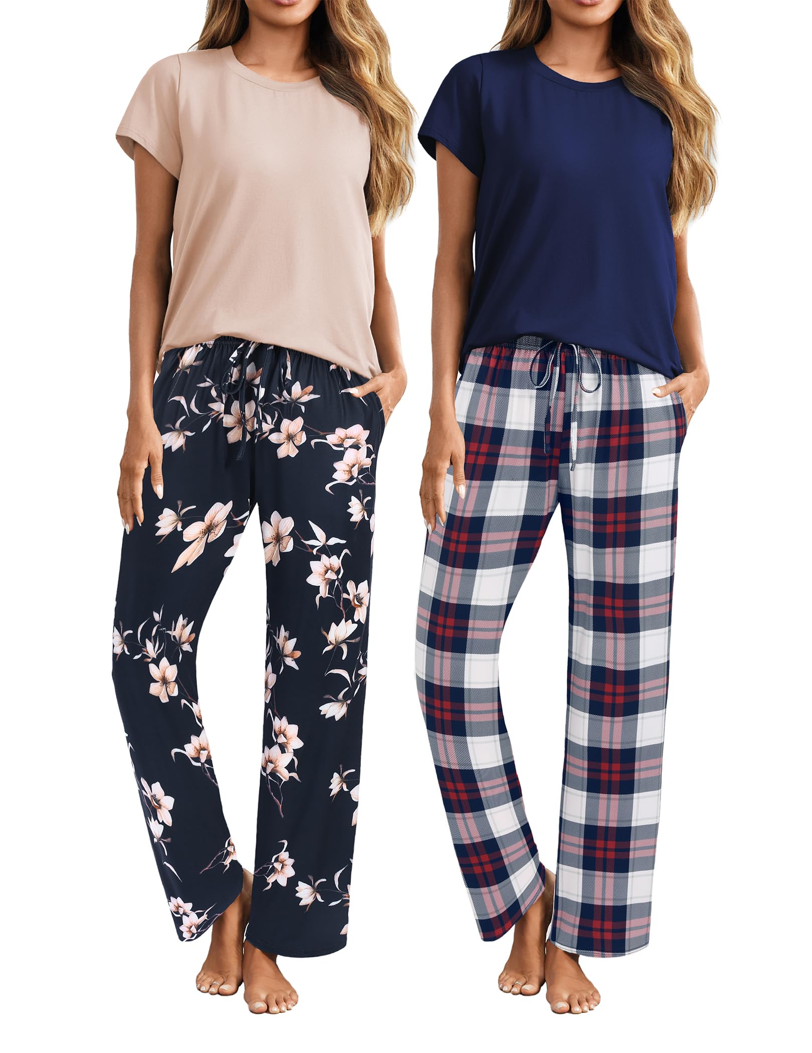 Ekouaer Women's 2-Pack Pajama Sets - Short Sleeve Sleepwear Top & Pants 4-Piece Lounge Set with Pockets | Soft & Comfortable for Nightwear, Loungewear, and Home Relaxation