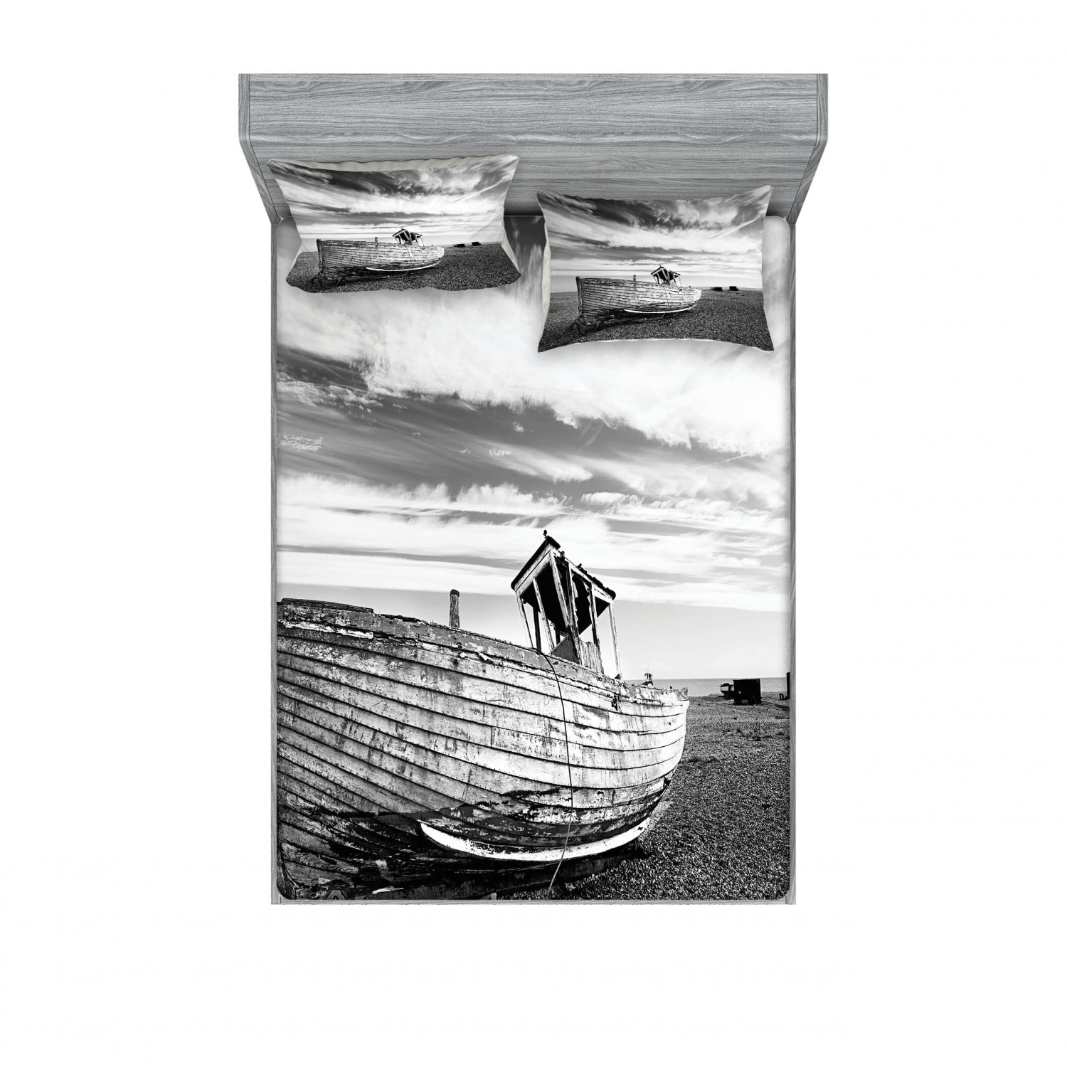 Ambesonne Grey 2-Pack Full Size Fitted Sheet Set with 4 Pillow Shams - Wooden Boat on Beach Dusk Design - Soft Bedding Decor for Cozy Bedroom - Perfect for Guest Rooms, Vacation Homes & Coastal Themed Decor