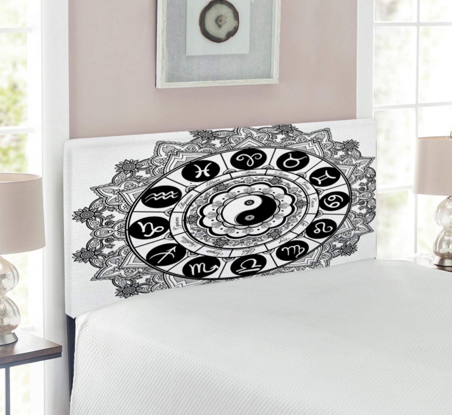 Ambesonne Yin Yang Headboard - Round Zodiac Theme with Astrology Signs Print, Upholstered Decorative Metal Bed Frame with Memory Foam, Twin Size in Black & White - Perfect for Bedroom Decor, Feng Shui Inspired Design & Spiritual Retreat Spaces