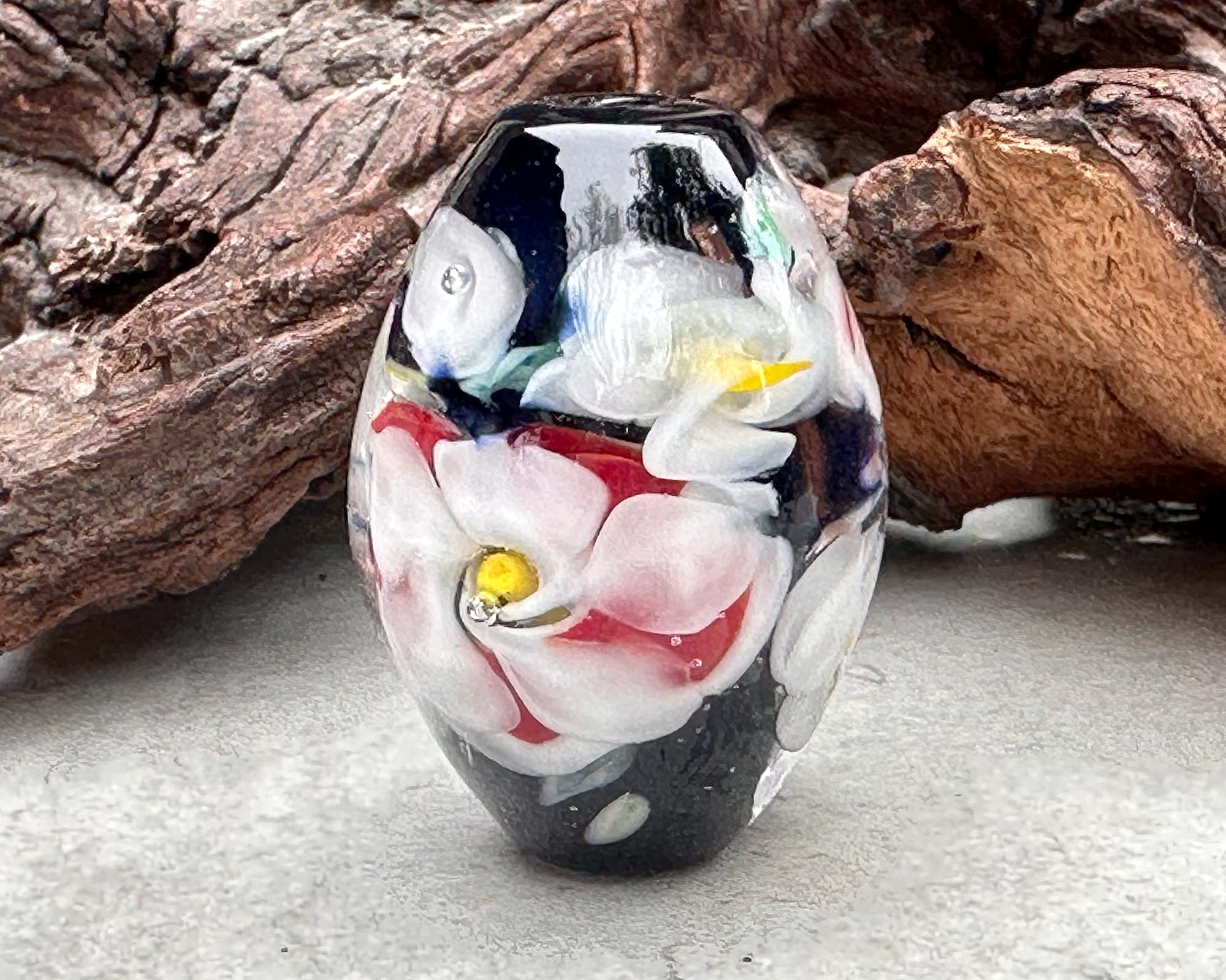 Handmade White & Red Floral Lampwork Glass Focal Bead for Jewelry Making - Perfect for Necklaces, Bracelets, and DIY Craft Projects