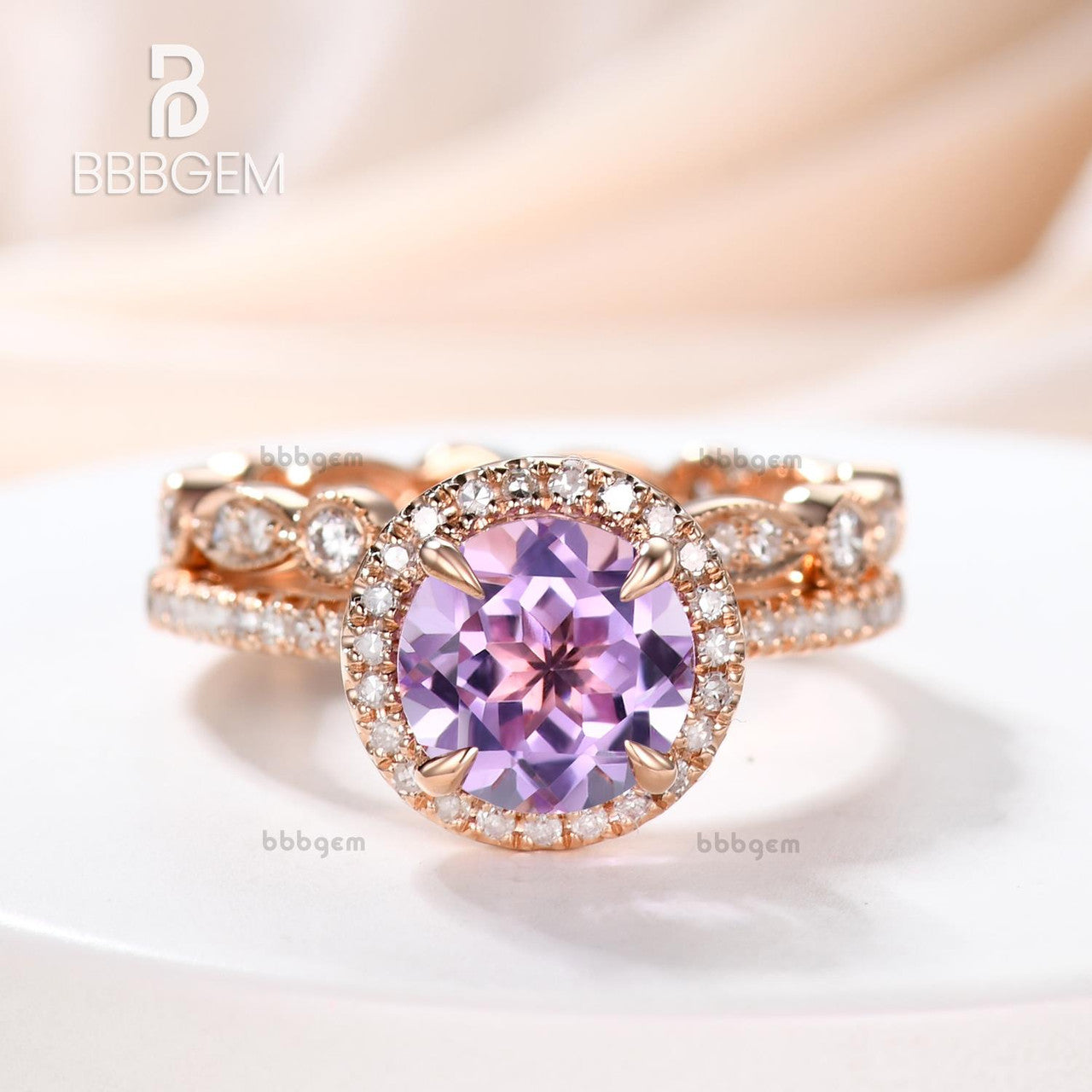 2Pcs 7mm Round Cut Amethyst Bridal Ring Set, 14K White Gold Diamond Engagement Ring, Stackable Matching Marquise Half Eternity Wedding Band - Perfect for Proposals, Anniversaries & Bridal Jewelry Gifts