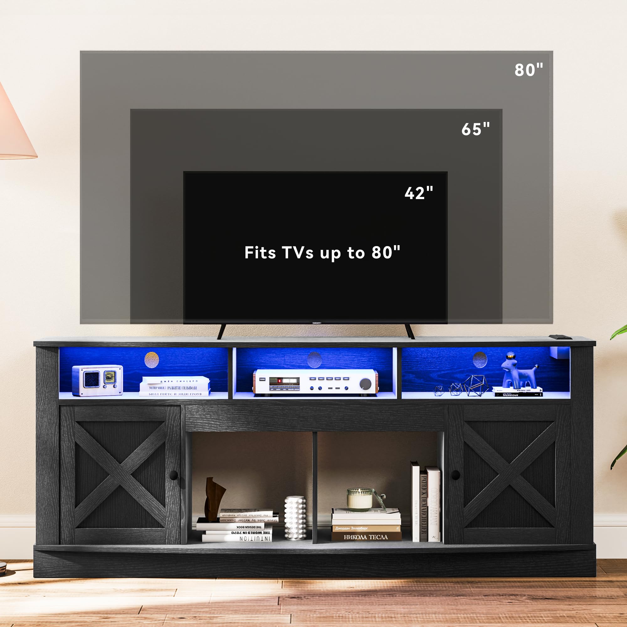 DWVO 75/80 Inch TV Stand with LED Lights - Modern Entertainment Center & Media Console with Barn Doors, Power Outlet - Sturdy TV Cabinet for Living Room, Bedroom, Home Theater (Black)