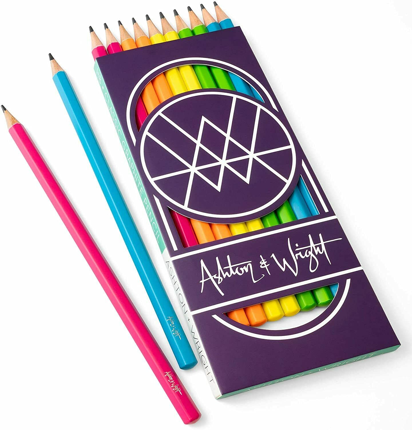 Ashton & Wright Classic HB Pencils with 15cm Ruler, Erasers & Smooth Z-Grip - 25-Piece Neon School & Office Supply Set for Students, Artists & Professionals