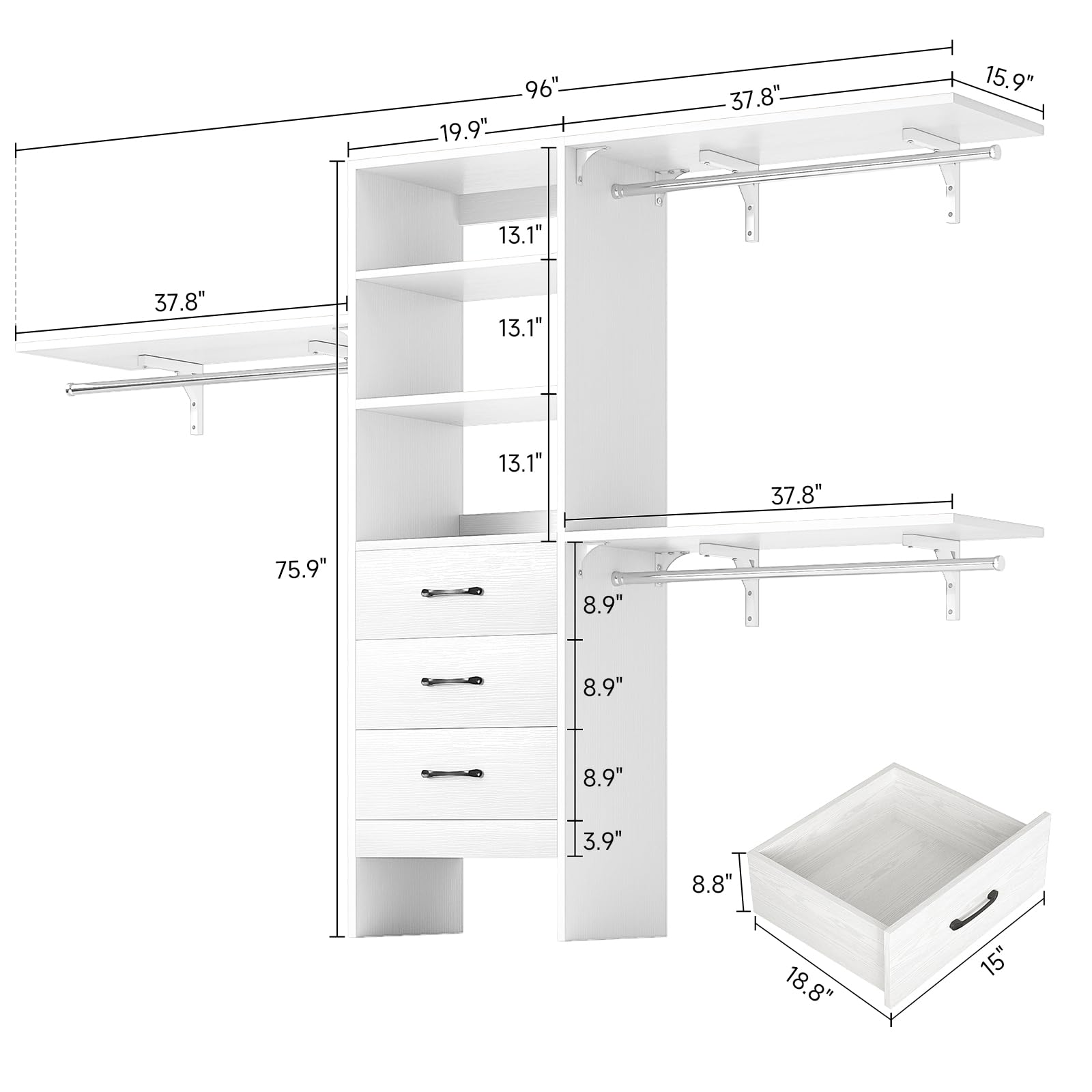 96 Inch Heavy Duty Walk-In Closet Organizer System - 8FT Closet Storage with 3 Adjustable Shelves, 3 Hanging Rods & 3 Drawers - Built-In Garment Rack (96