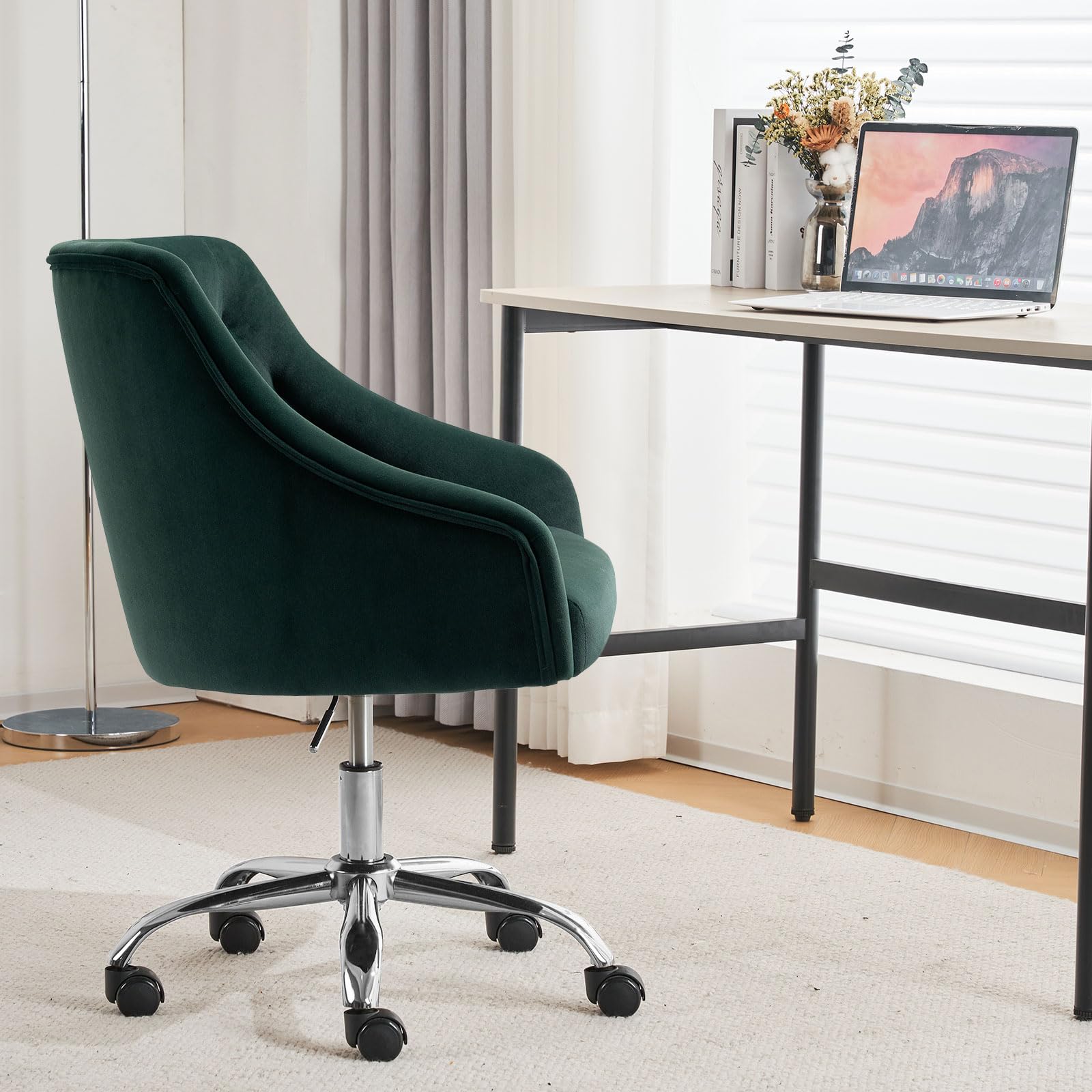 MOJAY Velvet Office Swivel Chair - Luxurious Vanity Fabric Desk Chair with 360° Swivel & Height Adjustable, Elegant Gold Base for Women - Perfect for Home Office, Reception Area & Makeup Vanity (Dark Green)