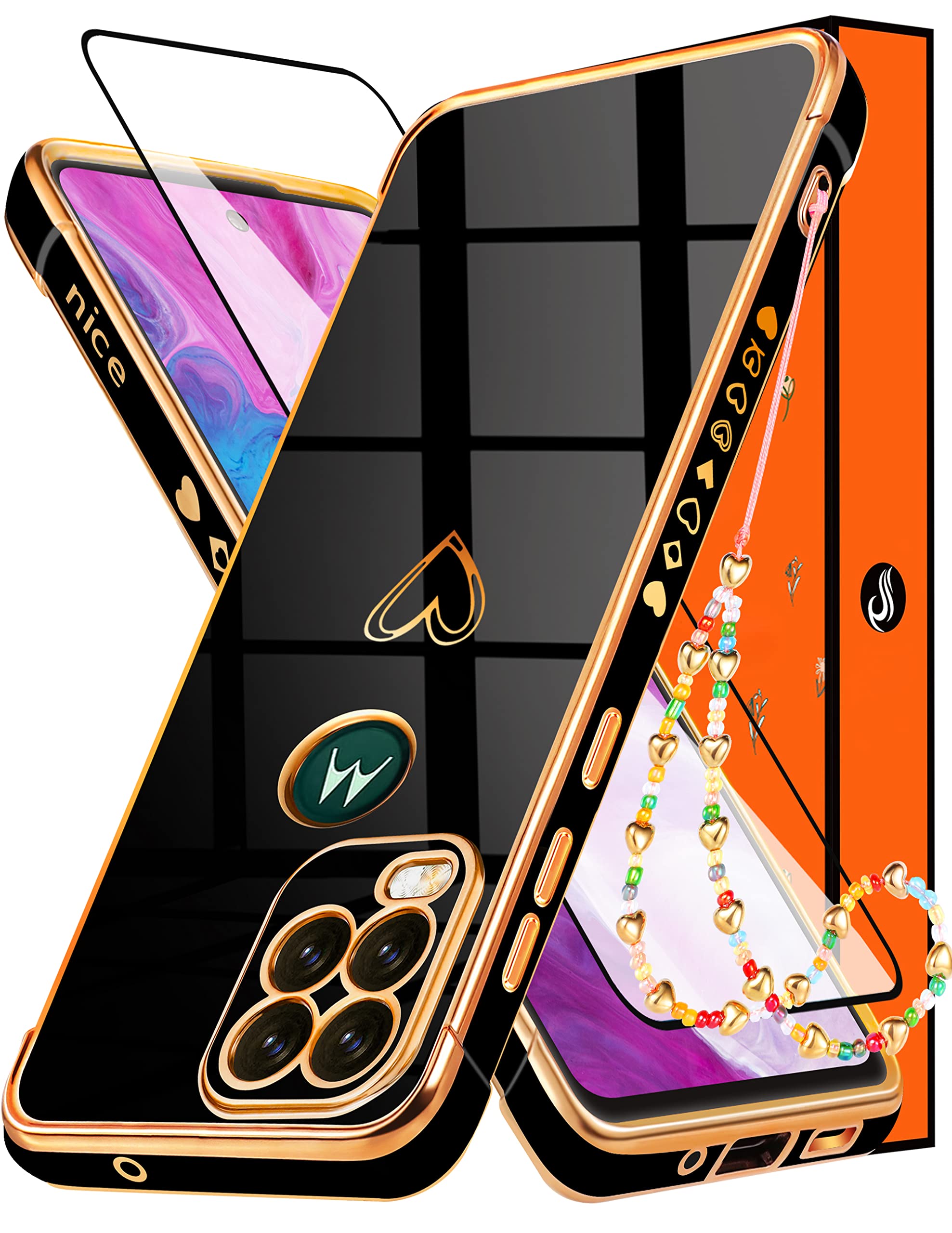 Cute Hearts Pattern Aesthetic Phone Case for Motorola Moto G Stylus 2021 (6.8 Inch) - 3-in-1 Protective Cover with Soft TPU & Anti-Drop Design, Stylish Gold Paint for Women & Girls - Perfect for Daily Use, Work & School (Black)