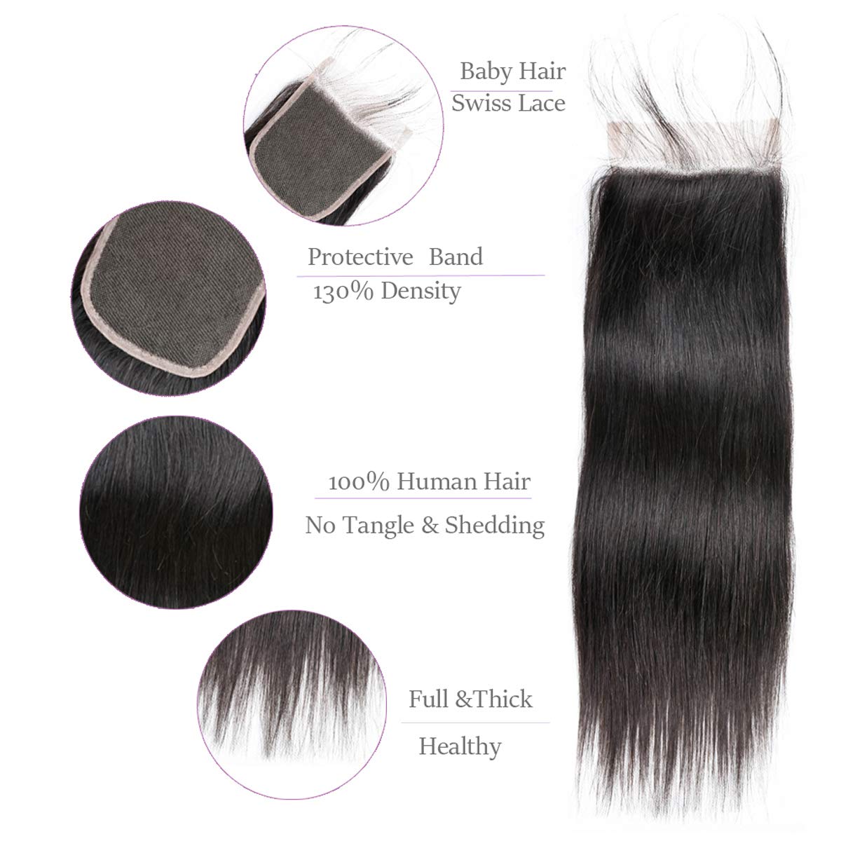 100% Brazilian Straight Virgin Human Hair Bundles with Lace Closure (22