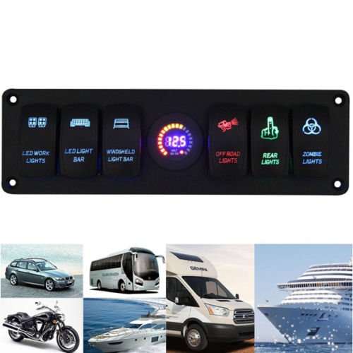 12V Rocker Switch Panel with 6 Gang Circuit Breaker & LED Voltmeter - Waterproof for RV, Car, Boat, Marine & Off-Road Vehicles (Dashboard & Control Panel Installation)