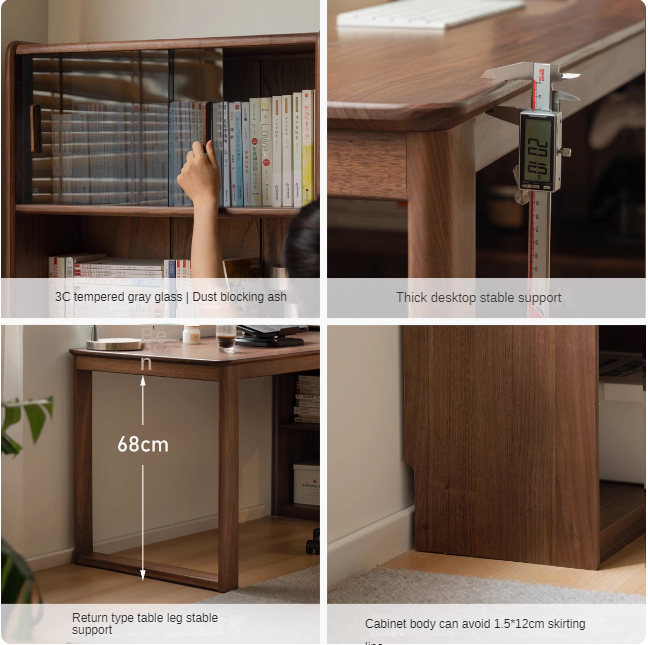 Premium Black Walnut Solid Wood Storage Cabinet with Integrated Office Desk - Modern Light Luxury Style for Home Office & Living Room Organization