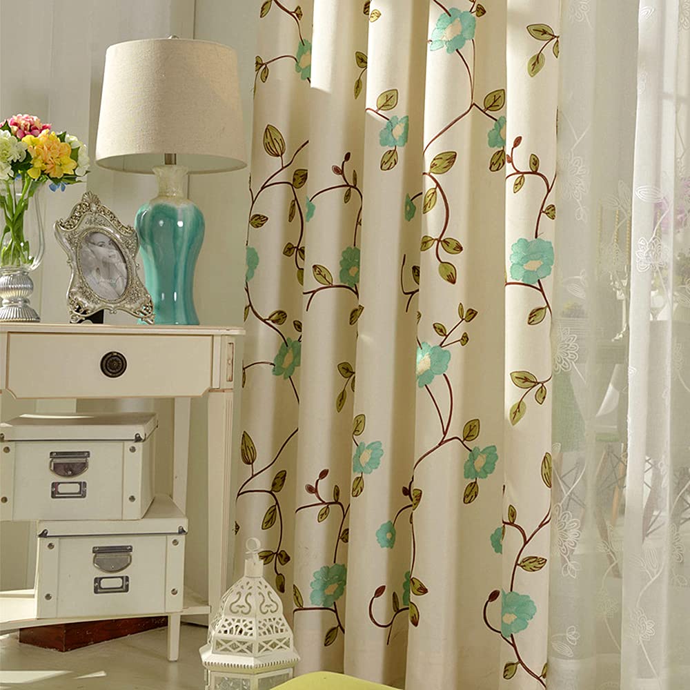 Country Style Embroidered Floral Semi Blackout Curtains with Grommets - 75x84 Inch Single Panel for Bedroom, Living Room & Nursery | Elegant Window Treatment for Home Decor