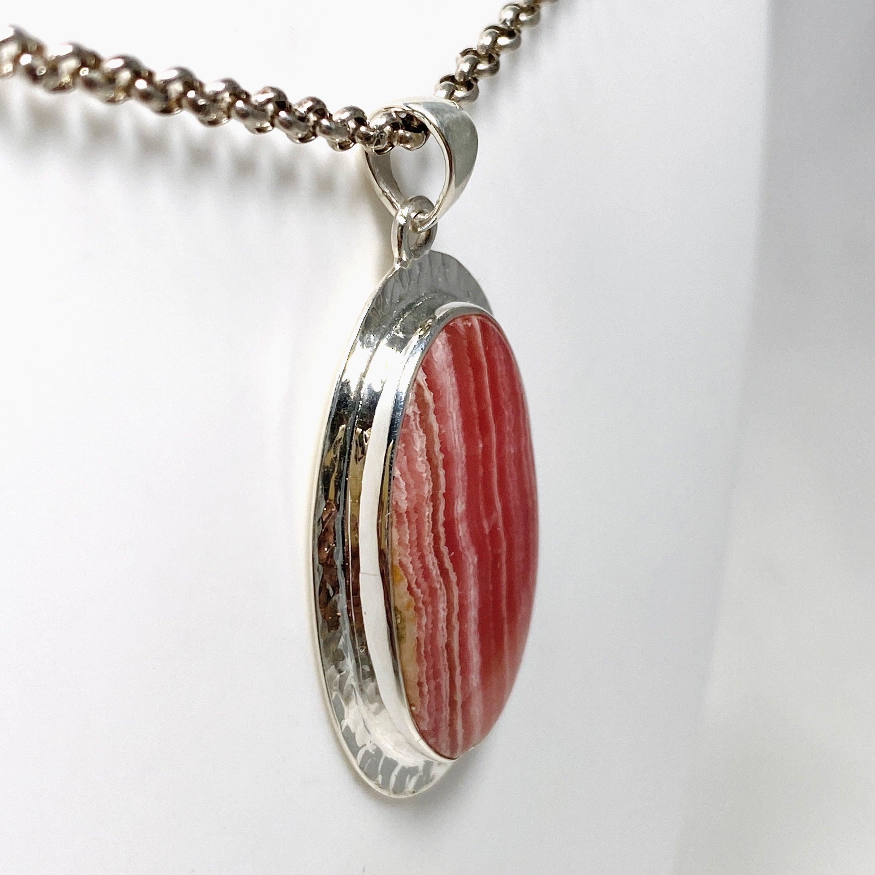 Rhodochrosite Oval Pendant Necklace - Handcrafted Hammered Sterling Silver Setting KPGJ4320 | Elegant Jewelry Gift for Women, Perfect for Weddings & Special Occasions
