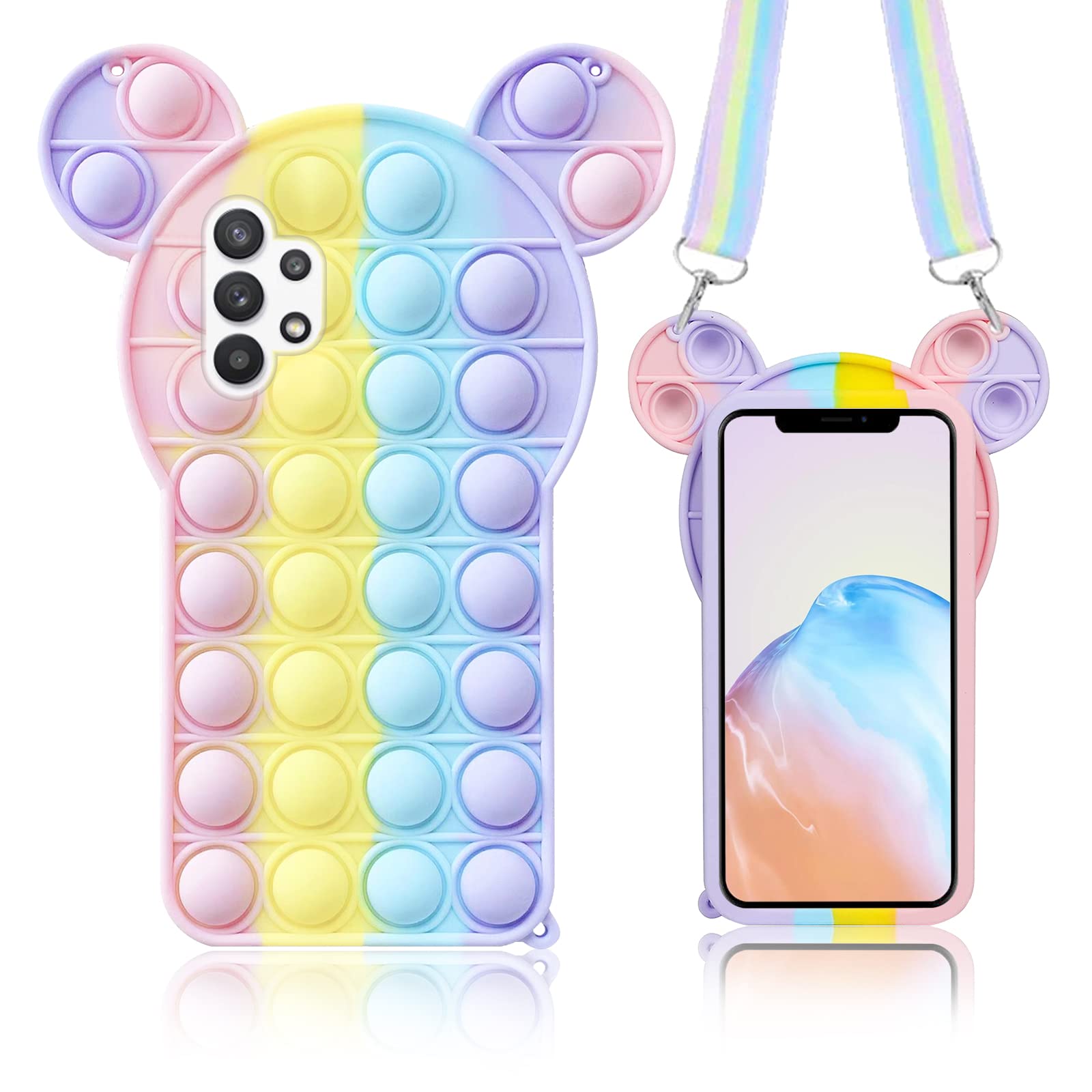 Trendy Cute Cartoon Samsung Galaxy A32 5G Phone Case - Soft Silicone Protective Cover with Bubble Fidget Sensory Toy & Strap for Girls, Kids, Teens - Perfect for School, Travel, and Everyday Use
