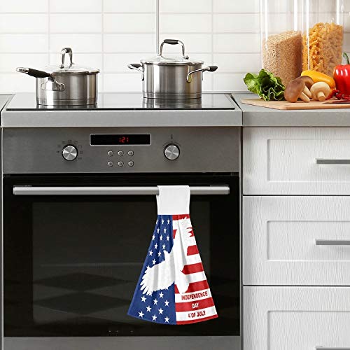 4th of July Patriotic Hand Towels 2-Pack - American Flag & Eagle Design Kitchen & Bathroom Towels with Hanging Loop (12