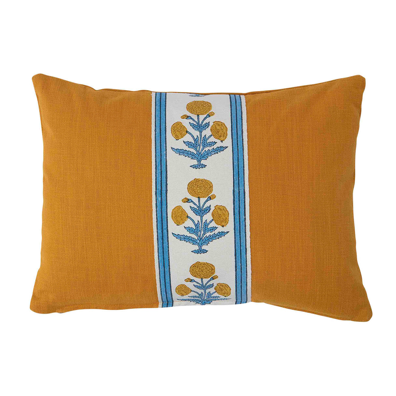 Organic Turmeric Cotton Cushion with Poppy Blue/Yellow Tape - Soft Boho Home Decor for Living Room, Bedroom, or Nursery