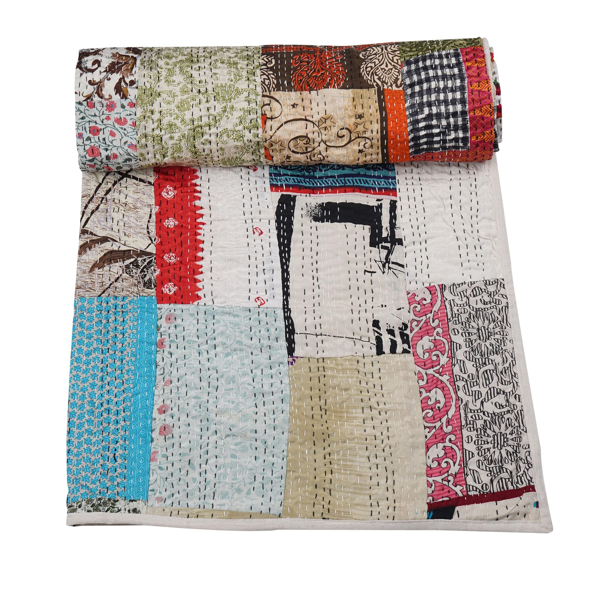 Handmade Indian Kantha Cotton Quilt - Queen Size 90x108 Inch - Traditional Silk Sari Patchwork Blanket for Bed, Sofa & Home Decor | Marubhumi Premium White Throw