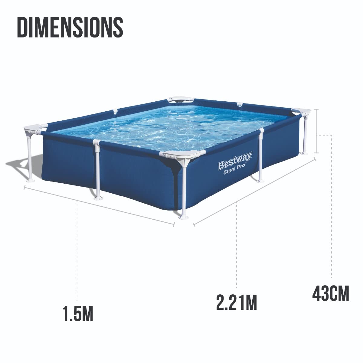 Bestway 56401 Steel Pro Above Ground Swimming Pool - Fast Set Rectangle Pool for Kids & Adults, Detachable Design, Multiple Sizes (Blue, 221 x 150 x 43 cm) | Perfect for Backyard, Garden, Summer Fun & Family Gatherings