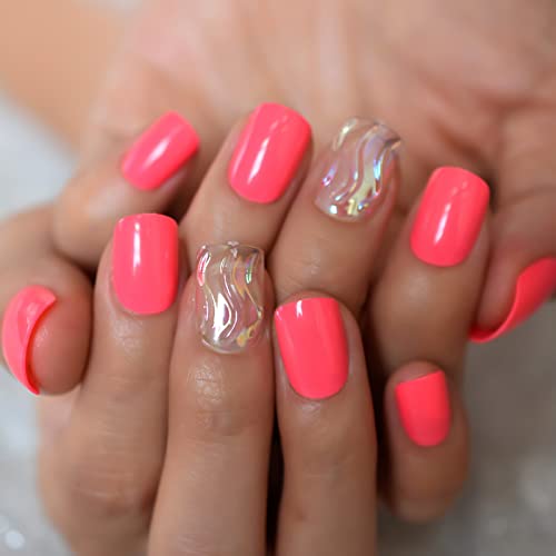 Bright Pink Swirl Clear Fake Nails - Glossy Full Cover Solid Color Gel Nails - Squoval Acrylic False Nail Tips for DIY Nail Art at Home - Perfect for Parties, Weddings, and Daily Wear