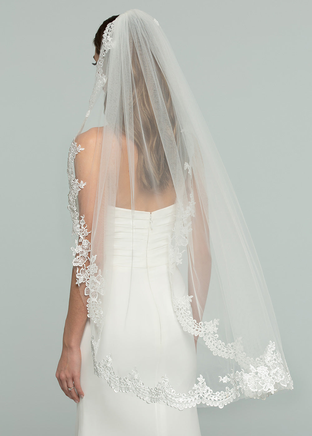 Elegant V1006 Fingertip Veil with Delicate Lace Appliques - Perfect for Weddings, Bridal Showers & Formal Events