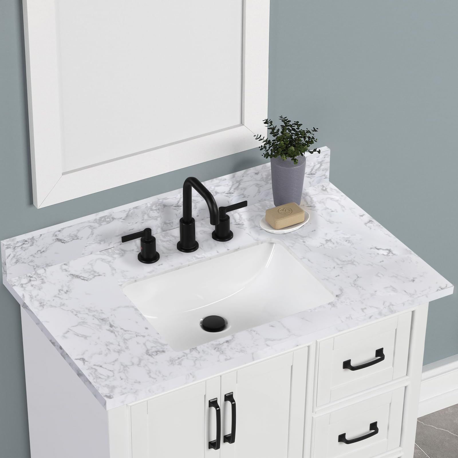 36x22 Inch White Engineered Stone Bathroom Vanity Top with Integrated Sink - 8 Inch 3-Hole Faucet Spread & Backsplash (Faucet Not Included) - Perfect for Modern Bathroom Renovations & Small Space Upgrades