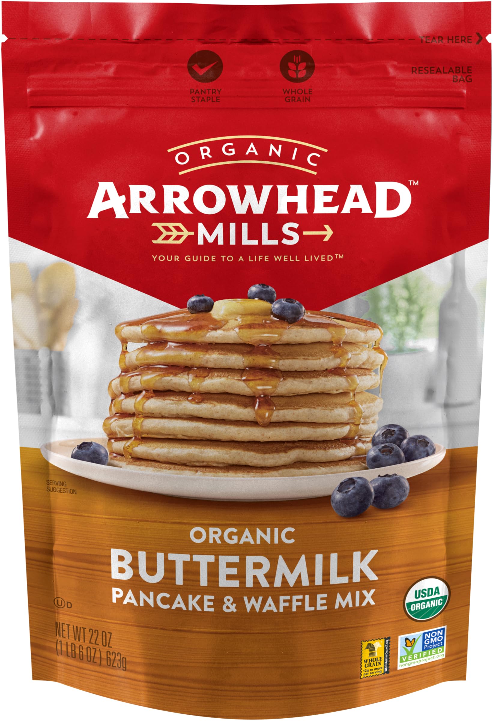 Arrowhead Mills Buttermilk Pancake & Waffle Mix - 22oz (Pack of 6) | Gluten-Free, Non-GMO Breakfast Mix for Fluffy Pancakes & Crispy Waffles | Perfect for Family Brunch, Weekend Breakfast & Holiday Gatherings