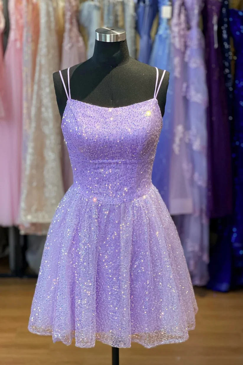 Lilac Glitter A-Line Homecoming Dress - Short Prom Party Dress for Teens (J4030) | Perfect for Dances, Formals, and Special Occasions