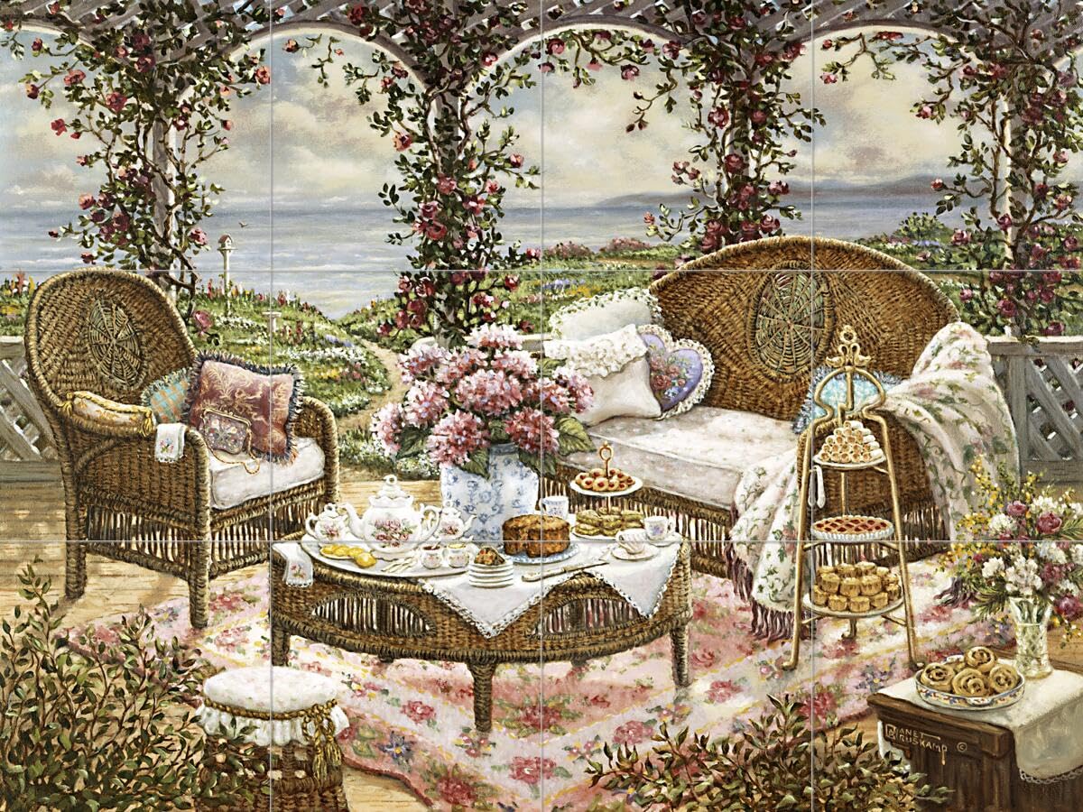 Hand-Painted Ceramic Backsplash Tile Mural - Garden Landscape Design for Kitchen, Bathroom & Shower Walls - Afternoon Tea Theme by Janet Kruskamp - Perfect for Farmhouse, Cottage & Vintage Home Decor