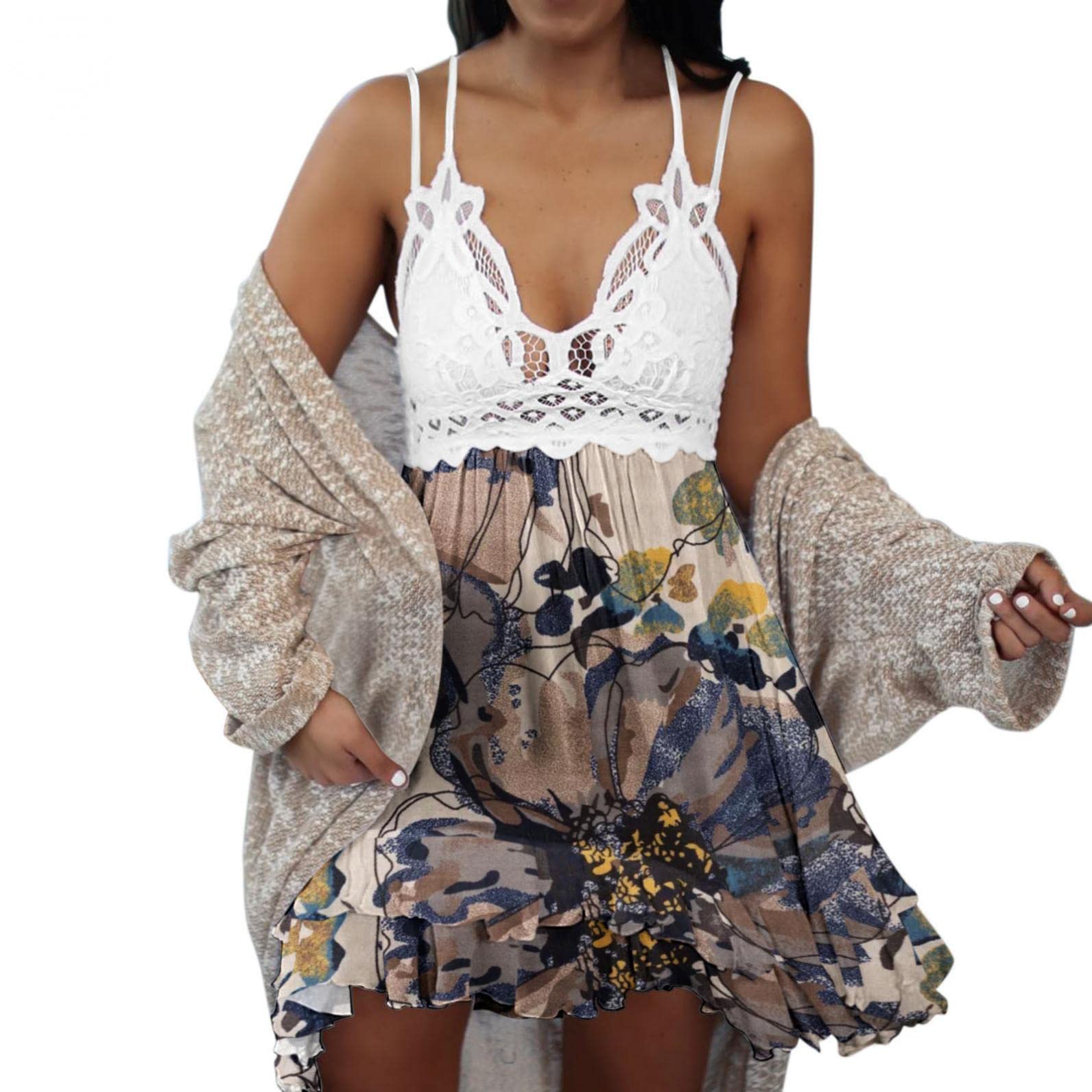 Floral Print V-Neck Cutout Sundress for Women - Casual Loose Summer Mini Dress for Wedding Guest, Beach, Party & Vacation | HUIHAIXIANGBAO