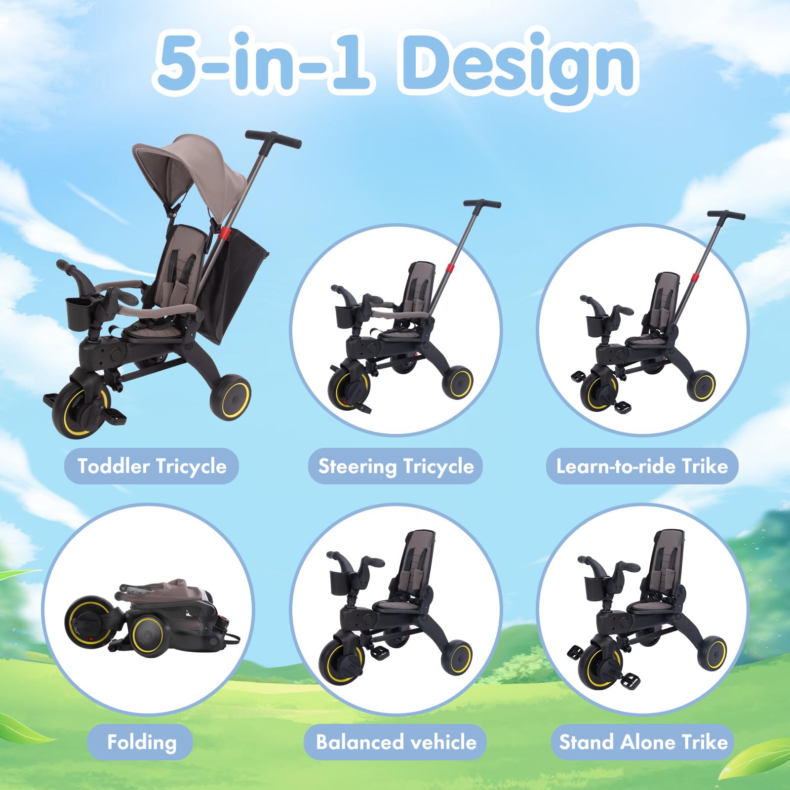5-in-1 Foldable Baby Tricycle with Removable Push Handle & Safety Harness - Adjustable Rotating Seat, Canopy & Storage Bag - Compact Toddler Bike for 1-3 Year Olds (Gray) - Perfect for Park Rides, Outdoor Play & Learning to Pedal