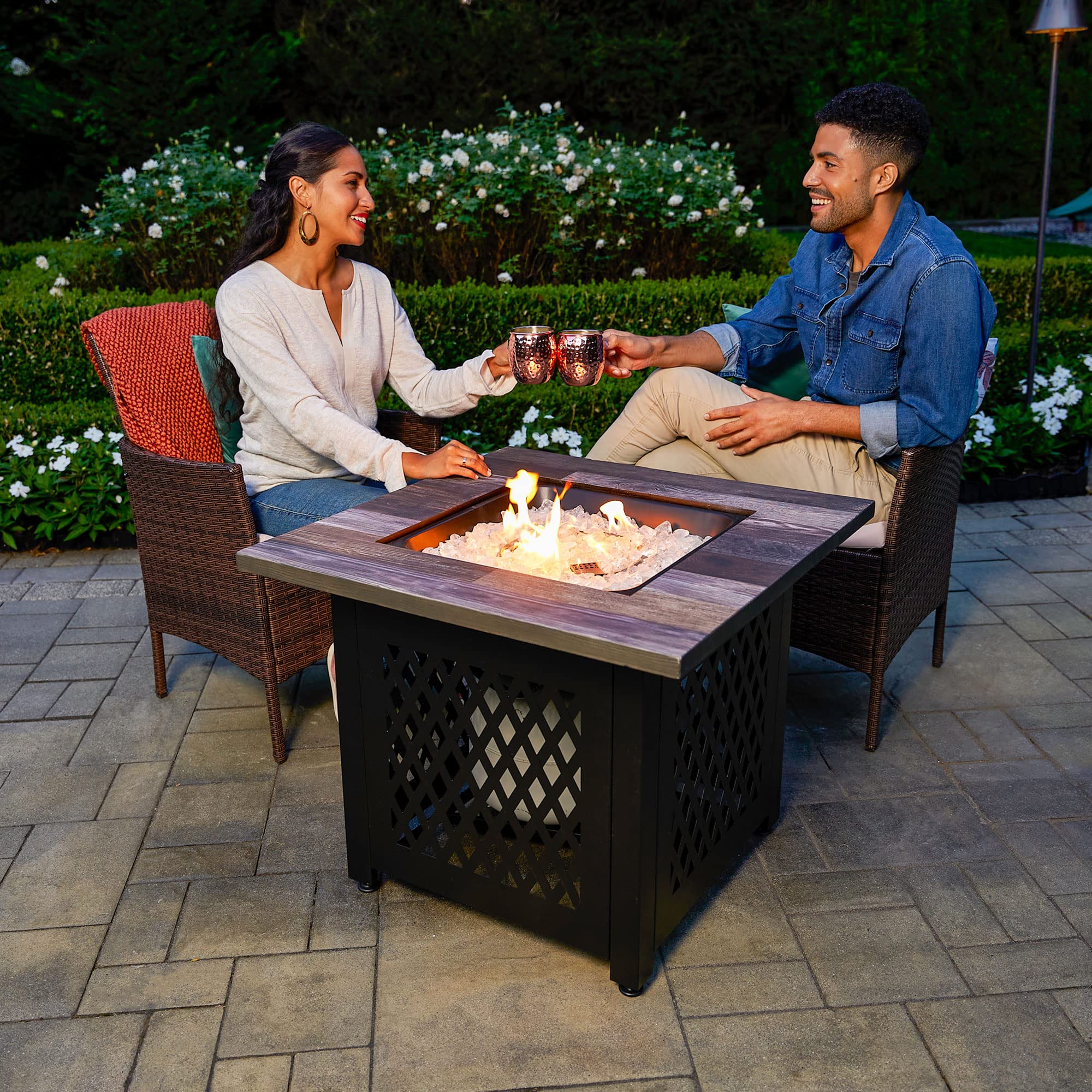 Endless Summer Nate 30 Inch Square Outdoor Fire Pit Table - 50,000 BTU LP Gas, UV Printed, Faux Wood Mantel & Stamped Steel Base - Multicolor - Perfect for Patio, Backyard, and Outdoor Gatherings
