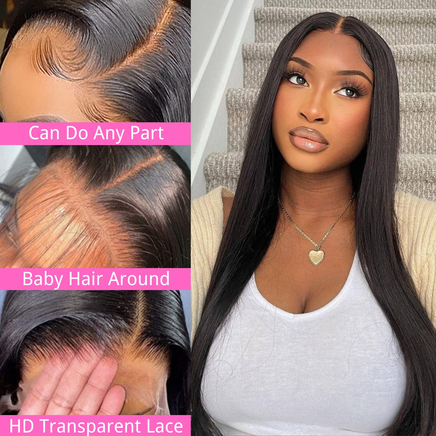 13x4 HD Straight Lace Front Wigs Human Hair for Black Women - 180% Density Glueless Brazilian Virgin Hair with Baby Hair & Pre-Plucked Hairline - Transparent Lace Frontal Wig 26 Inch - Perfect for Daily Wear, Parties & Special Occasions