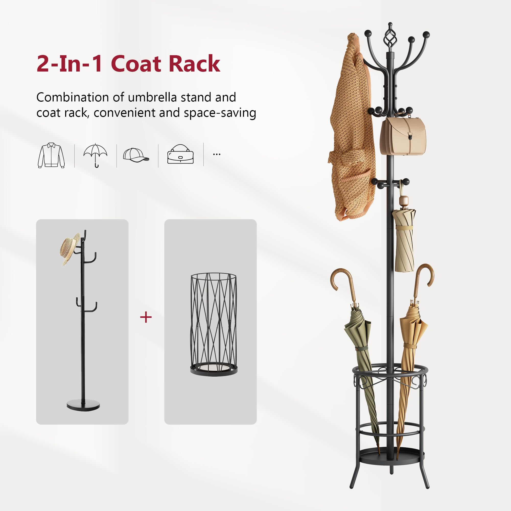 Tajsoon Coat Rack Stand with Umbrella Holder - 12 Hooks Entryway Organizer for Jackets, Hats & Bags | Perfect for Living Room, Bedroom & Office Decor | Space-Saving Hallway Storage Solution