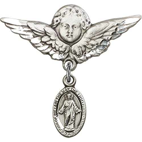 Sterling Silver Baby Badge with Scapular Charm & Angel Wing Pin - 1 1/8