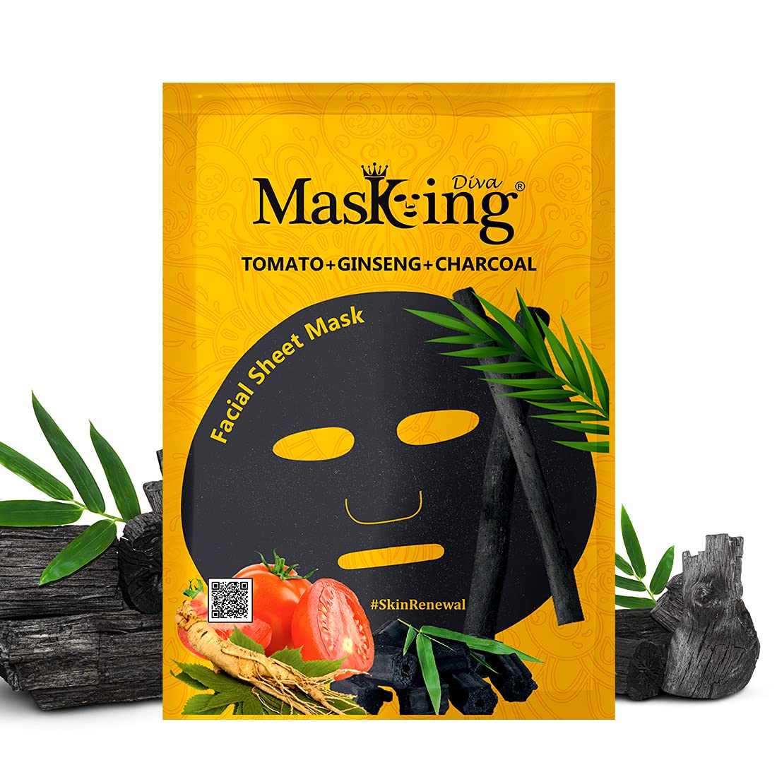 Green Tea Hydrating Facial Sheet Mask 20ml & Tomato Ginseng Charcoal Renewal Sheet Mask 25ml - Korean Skincare Set for Women & Men - Daily Moisturizing & Detoxifying Face Care for Glowing Skin